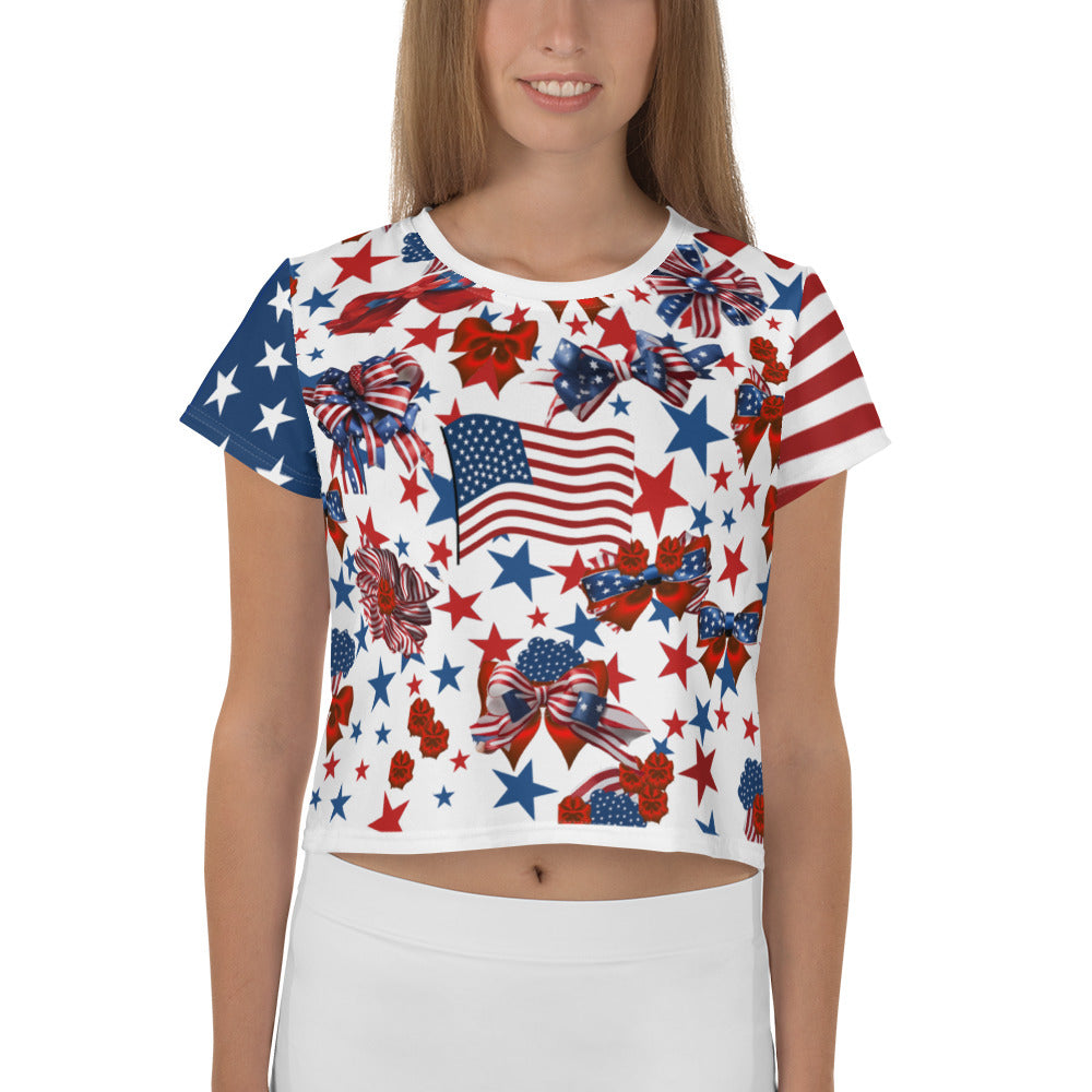 Women's Patriotic Crop Tee with USA Flag, Flowers, and Bows - Printspirationz