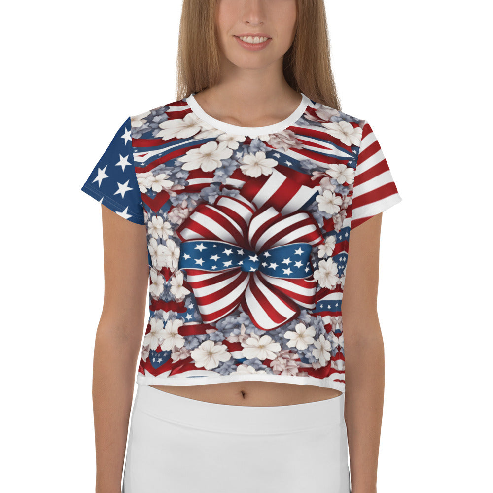 Women's Patriotic Crop Tee with USA Flag, Flowers, and Bows - Printspirationz
