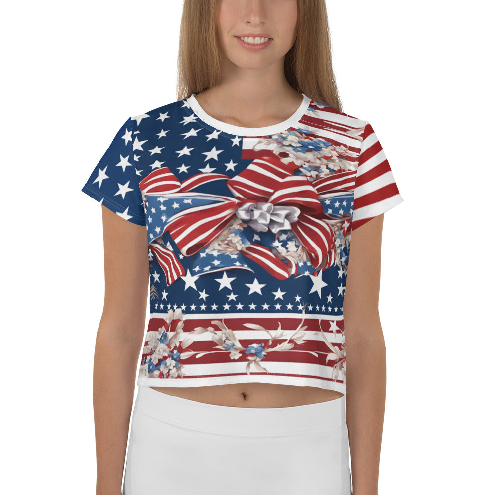 Women's Patriotic Crop Tee with USA Flag, Flowers, and Bows - Printspirationz