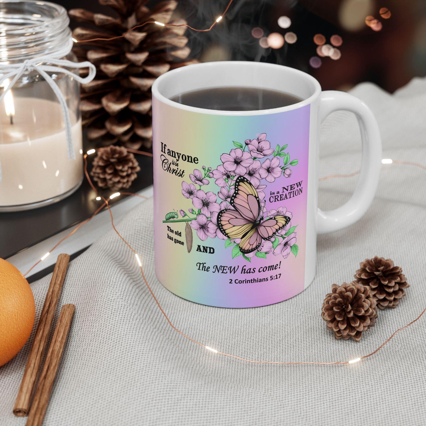 Ceramic Mug, Christian Home Decor, Gift for Nature Lover, Inspirational Coffee Cup, Transformation Kitchenware, Renewal Tea Mug, Caterpillar - Printspirationz