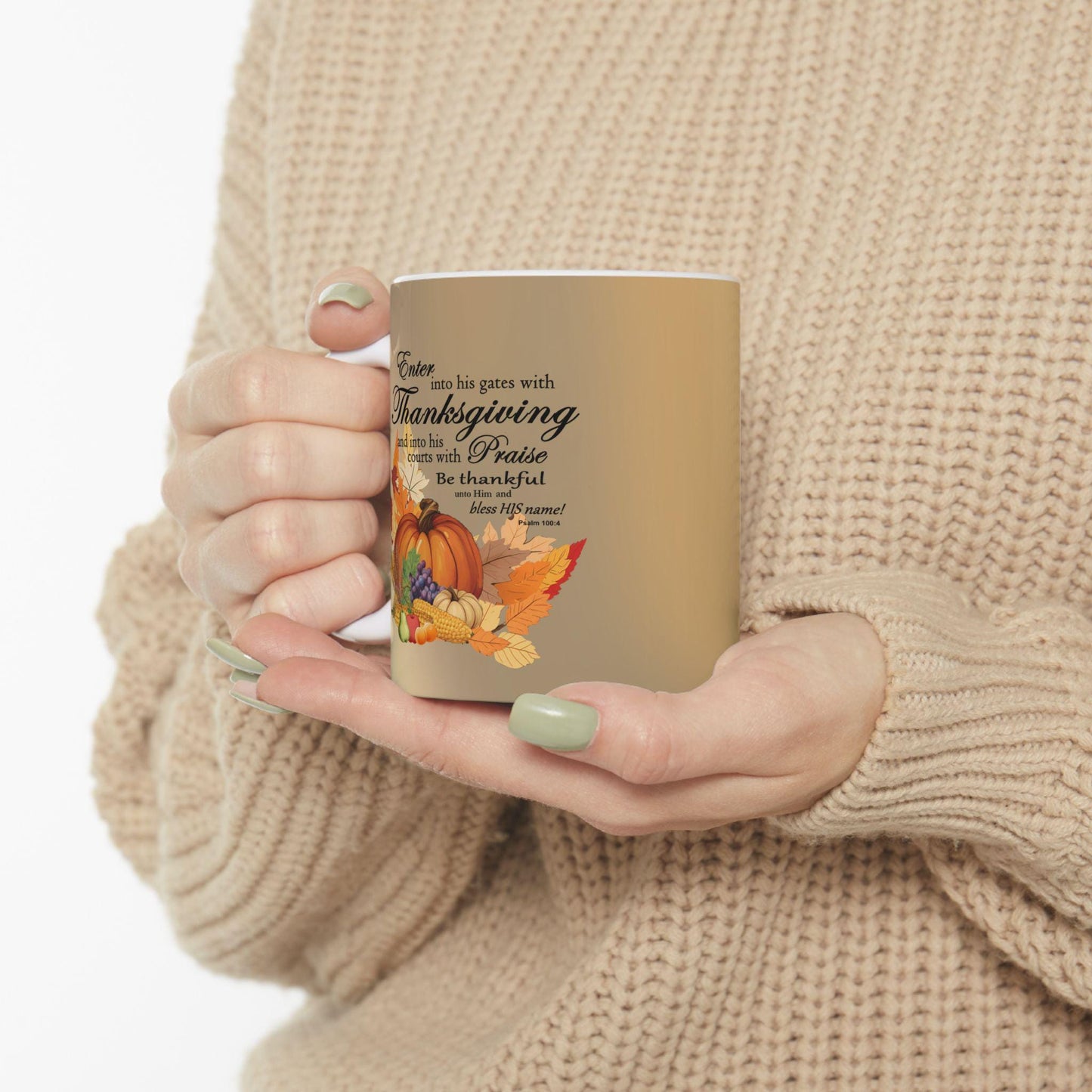 Ceramic Mug, Thanksgiving Cornucopia Graphic with Bible Verse, 11oz, 15oz - Gift for Thanksgiving, Religious Coffee Cup, Holiday Decor, - Printspirationz