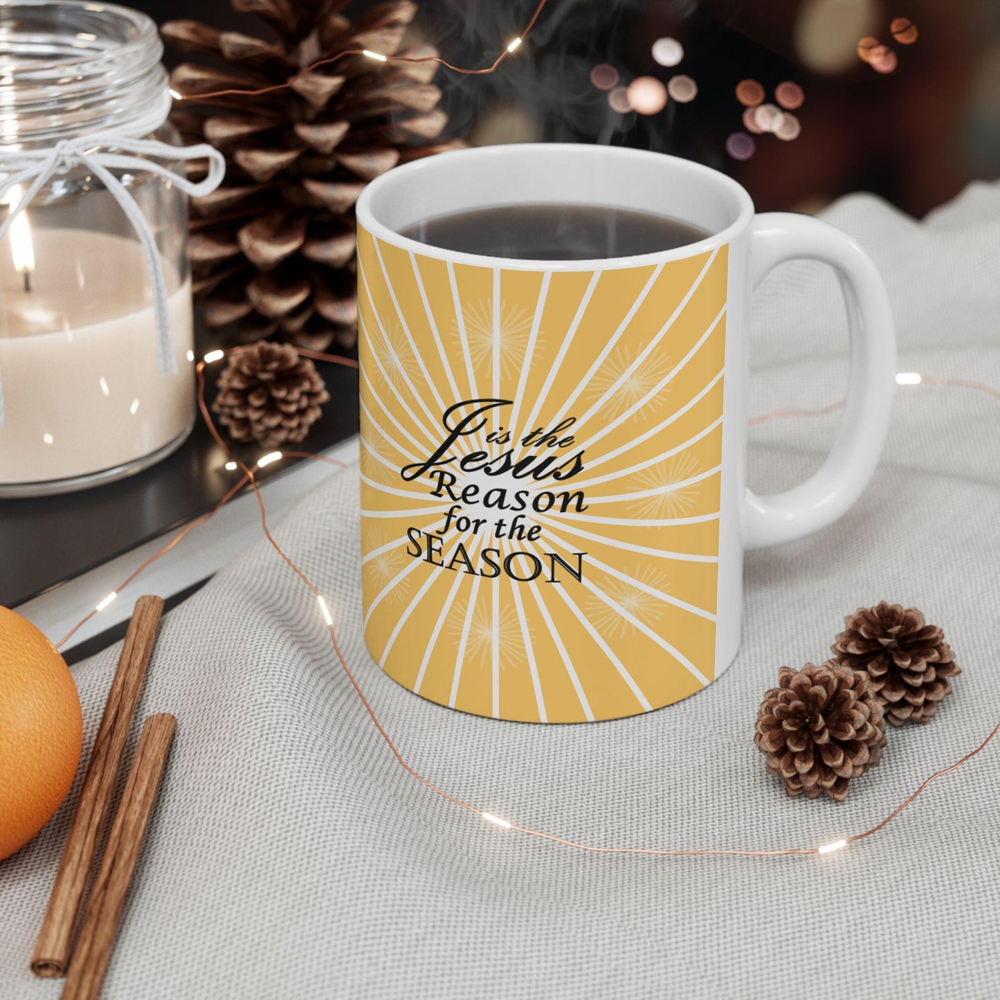 Christmas Jesus is the Reason Ceramic Mug, Holiday Coffee Cup Gift, Religious Quote Mug, Christian Holiday Drinkware, Festive Tea Cup Decor, - Printspirationz