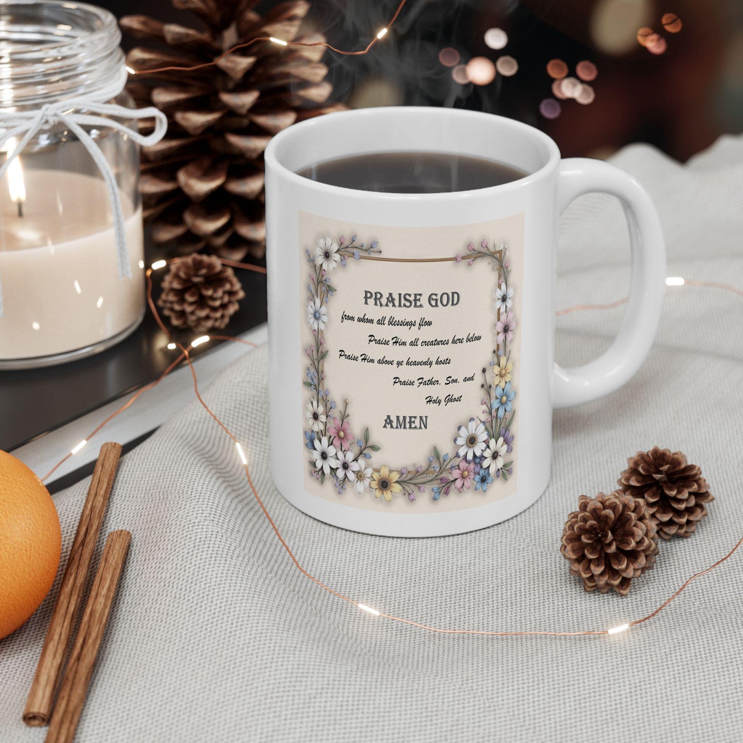 Floral Frame Doxology Ceramic Mug, Christian Coffee Cup, Religious Tea Mug, Inspirational Scripture Gift, Prayer Quote Drinkware, - Printspirationz