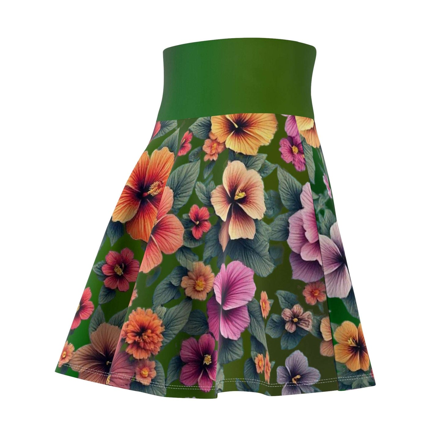 Floral Hibiscus Skater Skirt, Women's Fashion Apparel, Summer Green Floral Mini Skirt, Hawaiian Flower Print Clothing, Gardening Gift for