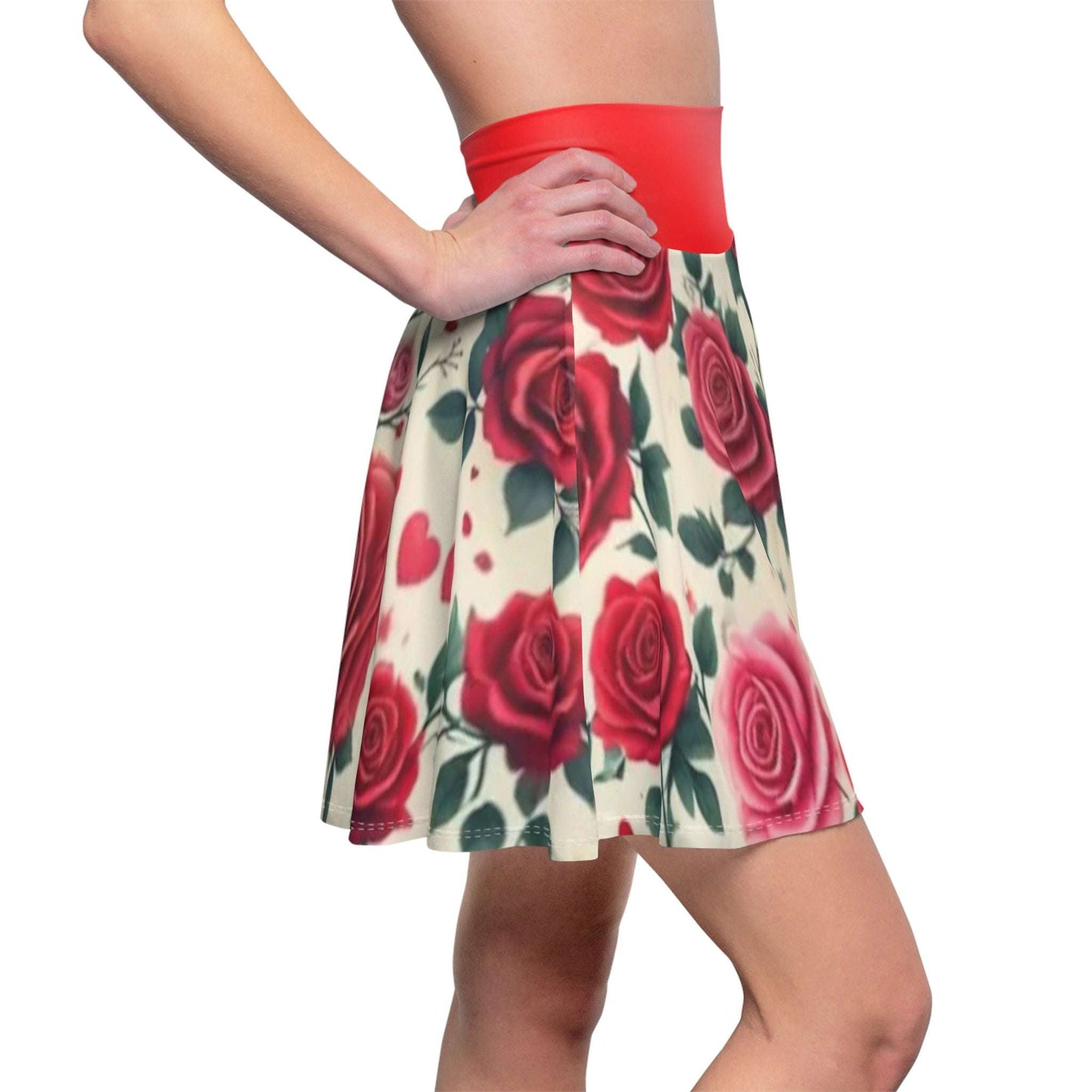 Skater Skirt, Red Roses Pattern, Floral Printed Women's Clothing, Fashionable A-Line Skirt, Romantic Gift for Her, Trendy Rose Design