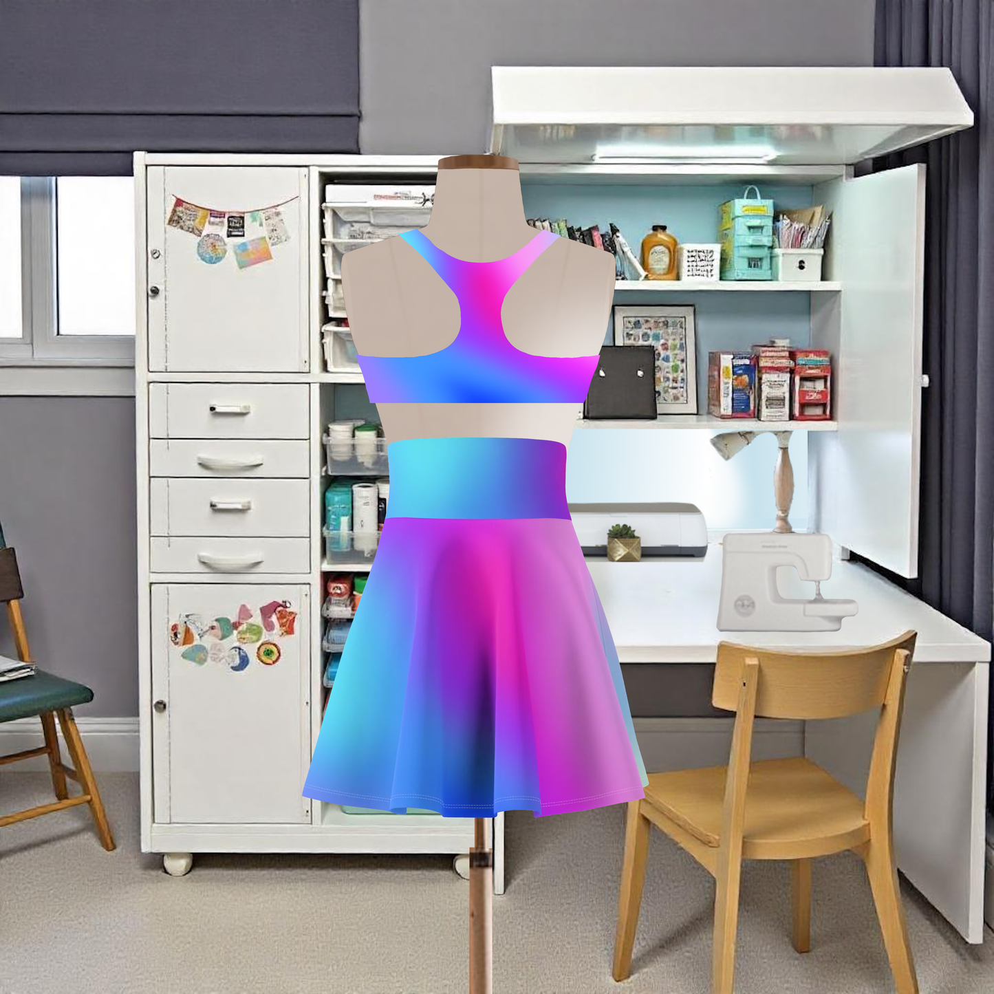 Blue and Purple Ombre Skater Skirt - Custom Gradient Design for Trendy Looks Flirty, Soft, and Playful, Look, Custom Multicolored Gradient, Women's Skater Skirt Design - Printspirationz