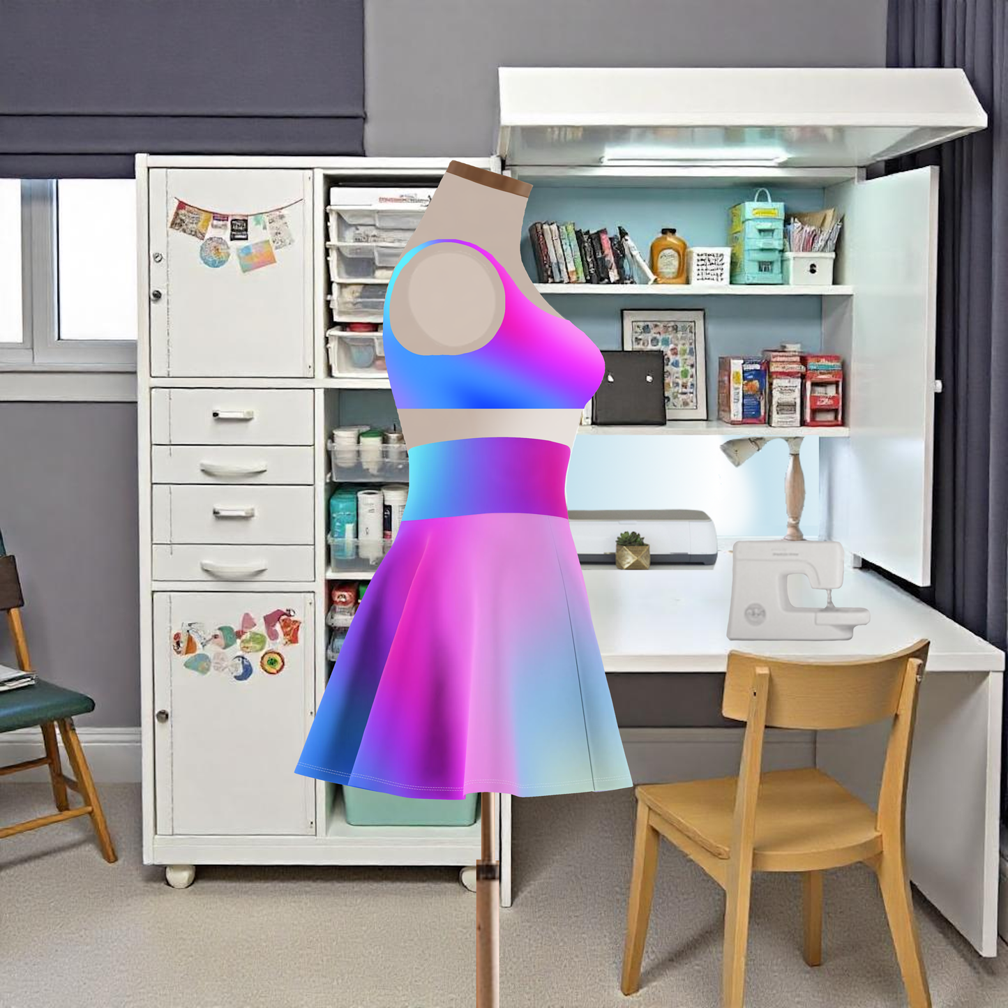 Blue and Purple Ombre Skater Skirt - Custom Gradient Design for Trendy Looks Flirty, Soft, and Playful, Look, Custom Multicolored Gradient, Women's Skater Skirt Design - Printspirationz