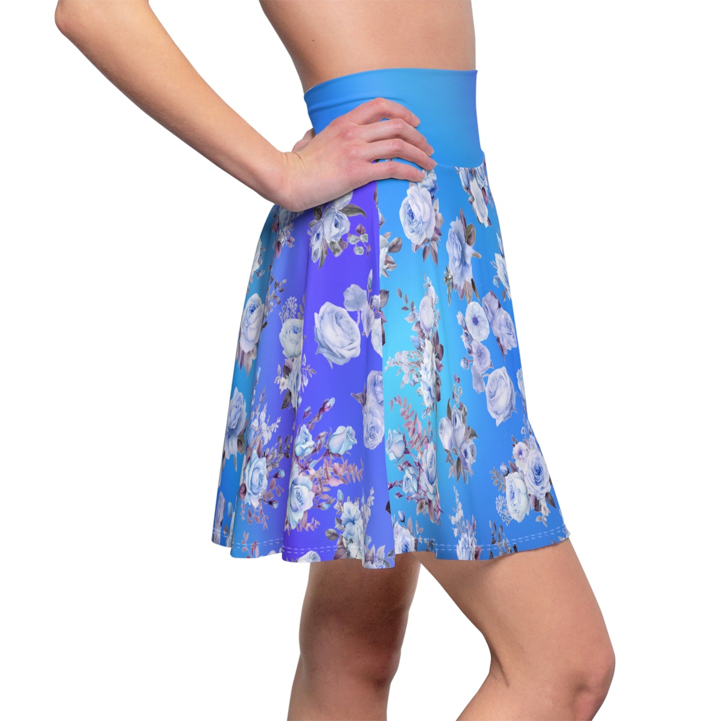 Blue Floral Skater Skirt - Gradient Background - Soft Floral Print - Chic Skater Skirt with Soft Blue Flowers (AOP) - Printspirationz