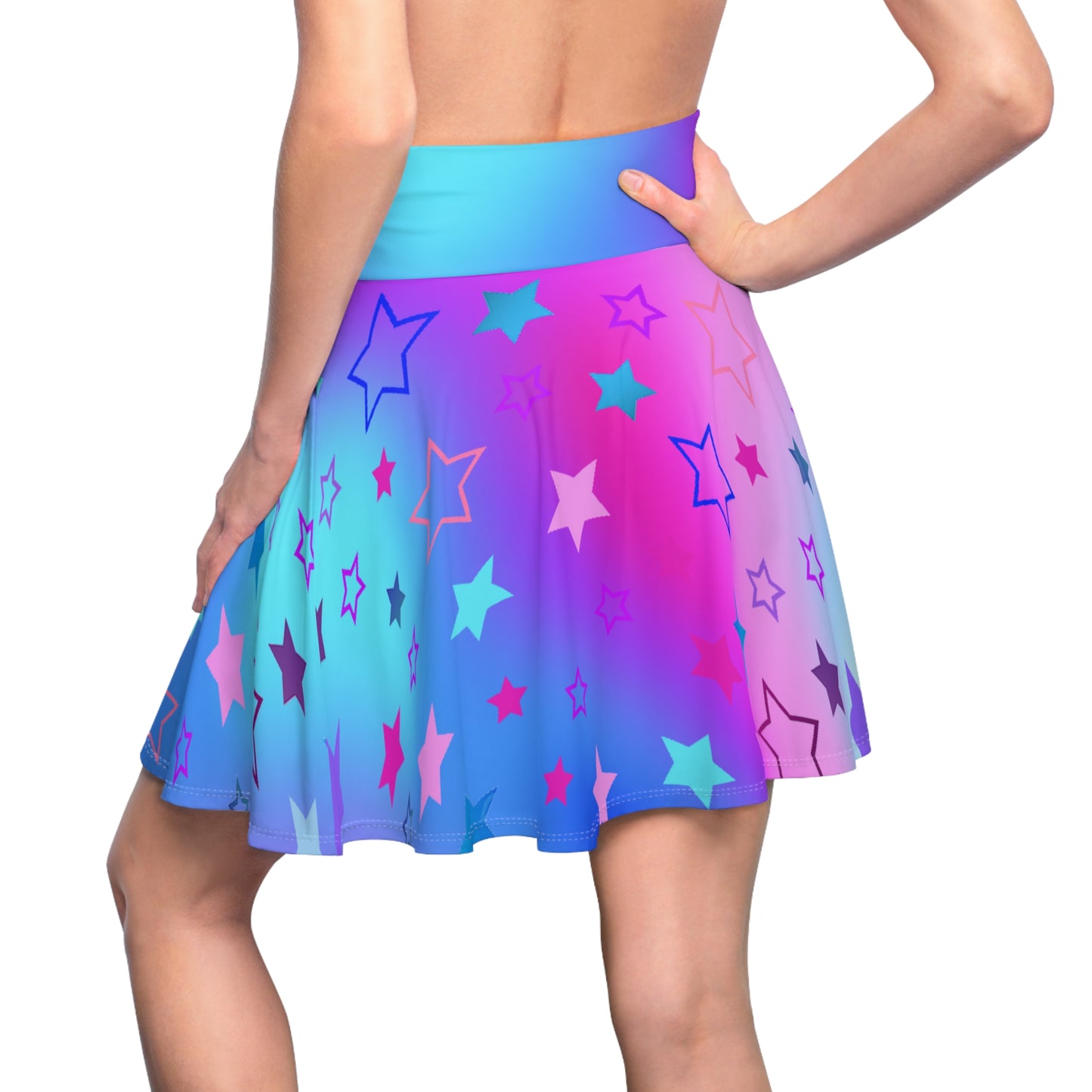 Celestial Star Print Skater Skirt on Cool Blue and purple Gradient Background - Trendy Skater Style (AOP) - Printspirationz