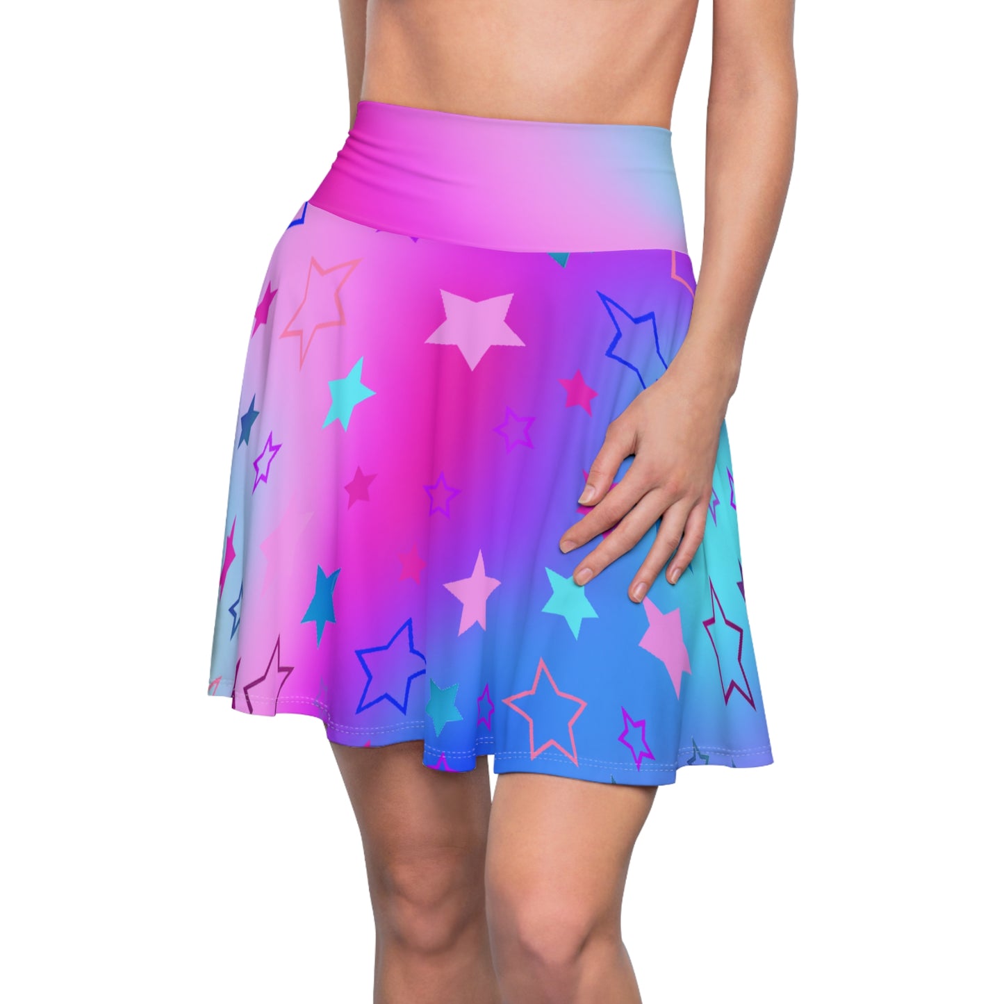 Celestial Star Print Skater Skirt on Cool Blue and purple Gradient Background - Trendy Skater Style (AOP) - Printspirationz