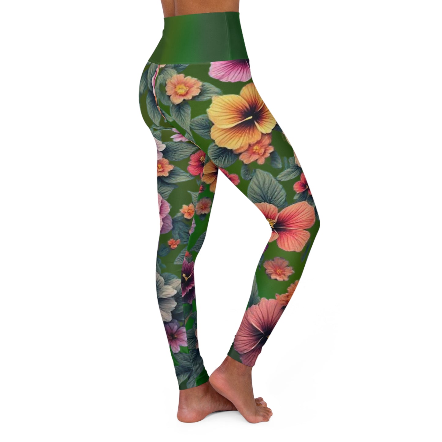 Floral Yoga Leggings, Green Gradient Workout Pants, Botanical Print Athletic Leggings, High Waisted Yoga Tights, Spring Flowers Pilates - Printspirationz
