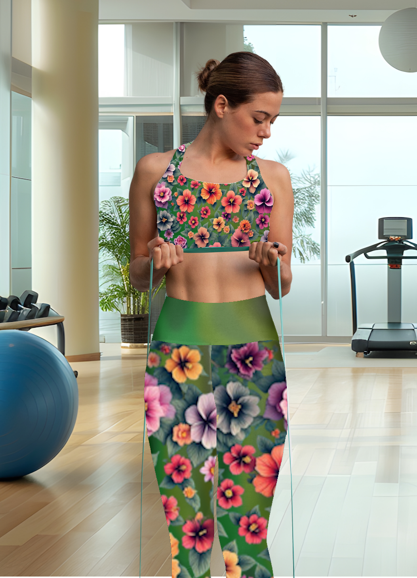 Floral Yoga Leggings, Green Gradient Workout Pants, Botanical Print Athletic Leggings, High Waisted Yoga Tights, Spring Flowers Pilates - Printspirationz