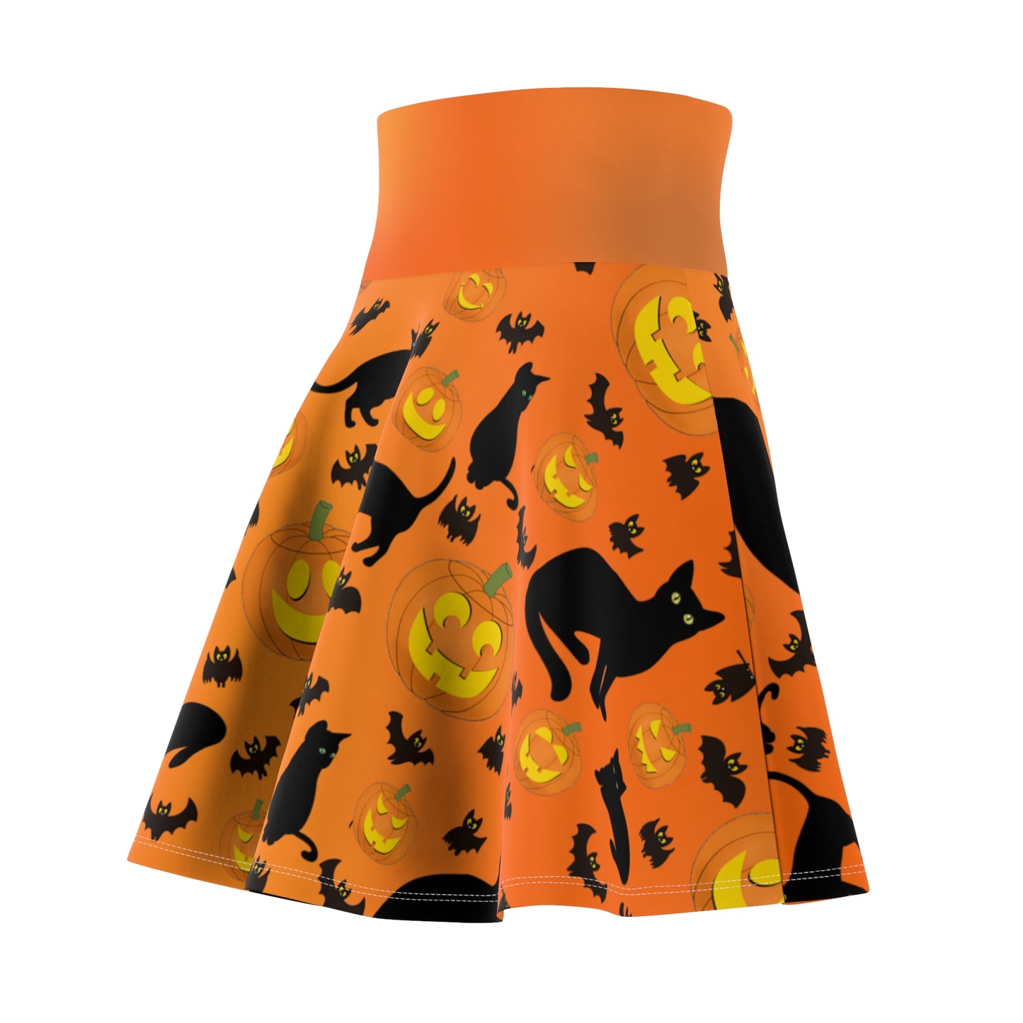 Halloween Skater Skirt - Orange Gradient Colored Versatile High Waist Ombre - Pumpkins, Bats, and Black Kitty Cats - Printspirationz