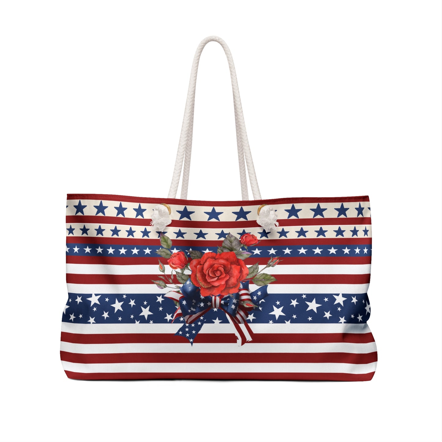 Patriotic Tote Roomy Oversized Bag with Star and Stripes Floral, Bow Patterns in Classic Red, White, and Blue Colors, USA Weekend Bag Design - Printspirationz