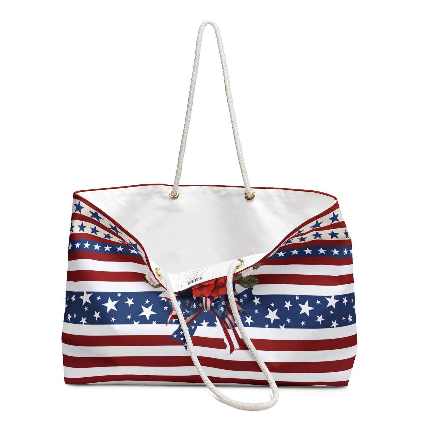 Patriotic Tote Roomy Oversized Bag with Star and Stripes Floral, Bow Patterns in Classic Red, White, and Blue Colors, USA Weekend Bag Design - Printspirationz