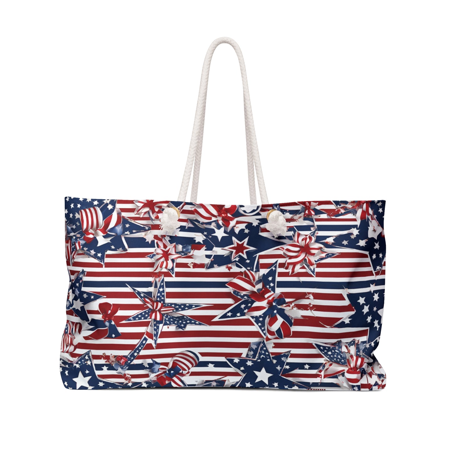 Patriotic Tote Roomy Oversized Bag with Star and Stripes Floral, Bow Patterns in Classic Red, White, and Blue Colors, USA Weekend Bag Design - Printspirationz