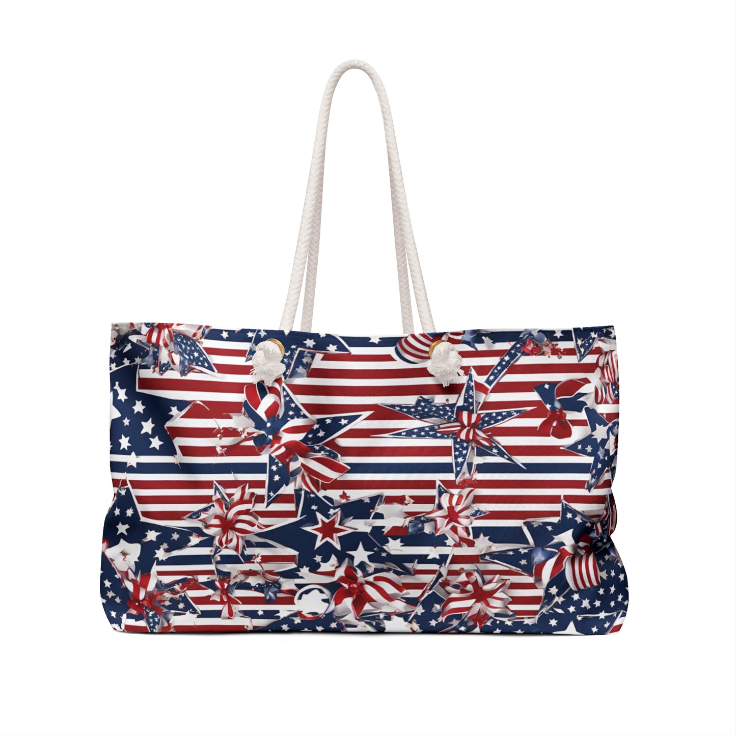 Patriotic Tote Roomy Oversized Bag with Star and Stripes Floral, Bow Patterns in Classic Red, White, and Blue Colors, USA Weekend Bag Design - Printspirationz