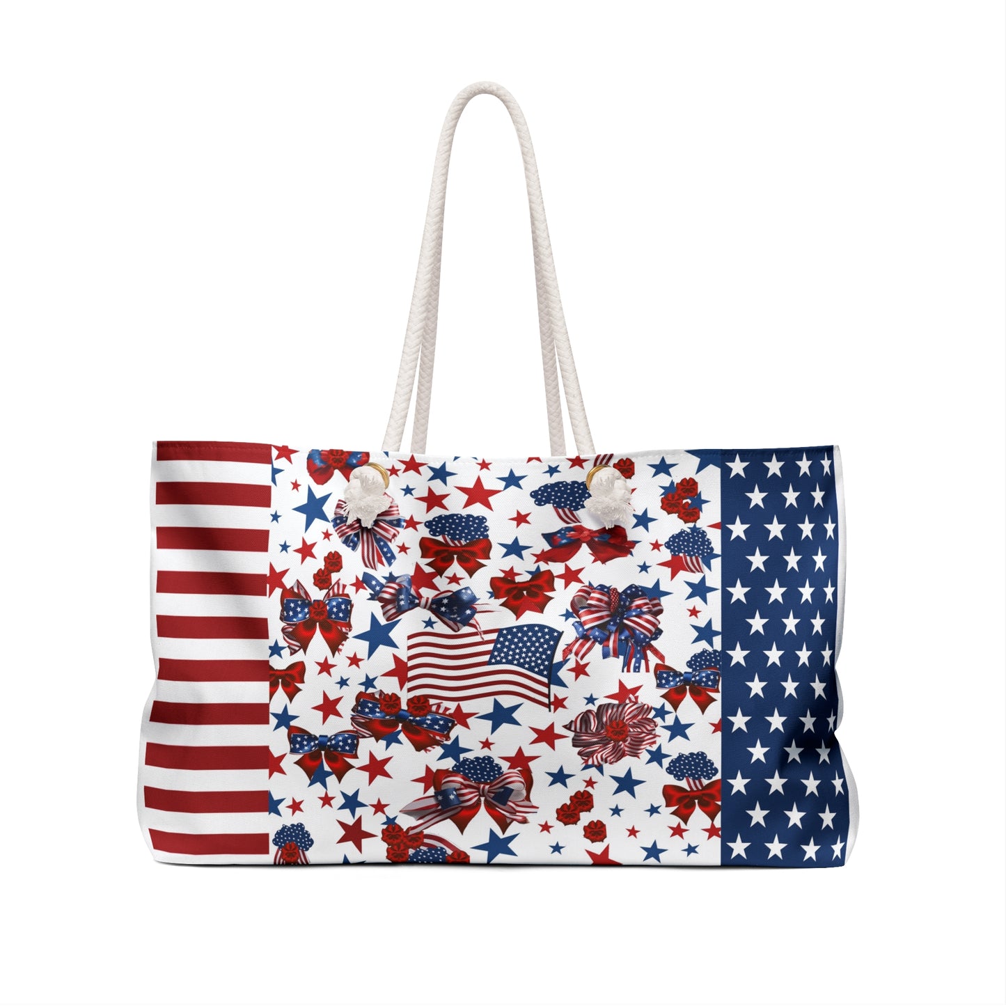 Patriotic Tote Roomy Oversized Bag with Star and Stripes Floral, Bow Patterns in Classic Red, White, and Blue Colors, USA Weekend Bag Design - Printspirationz