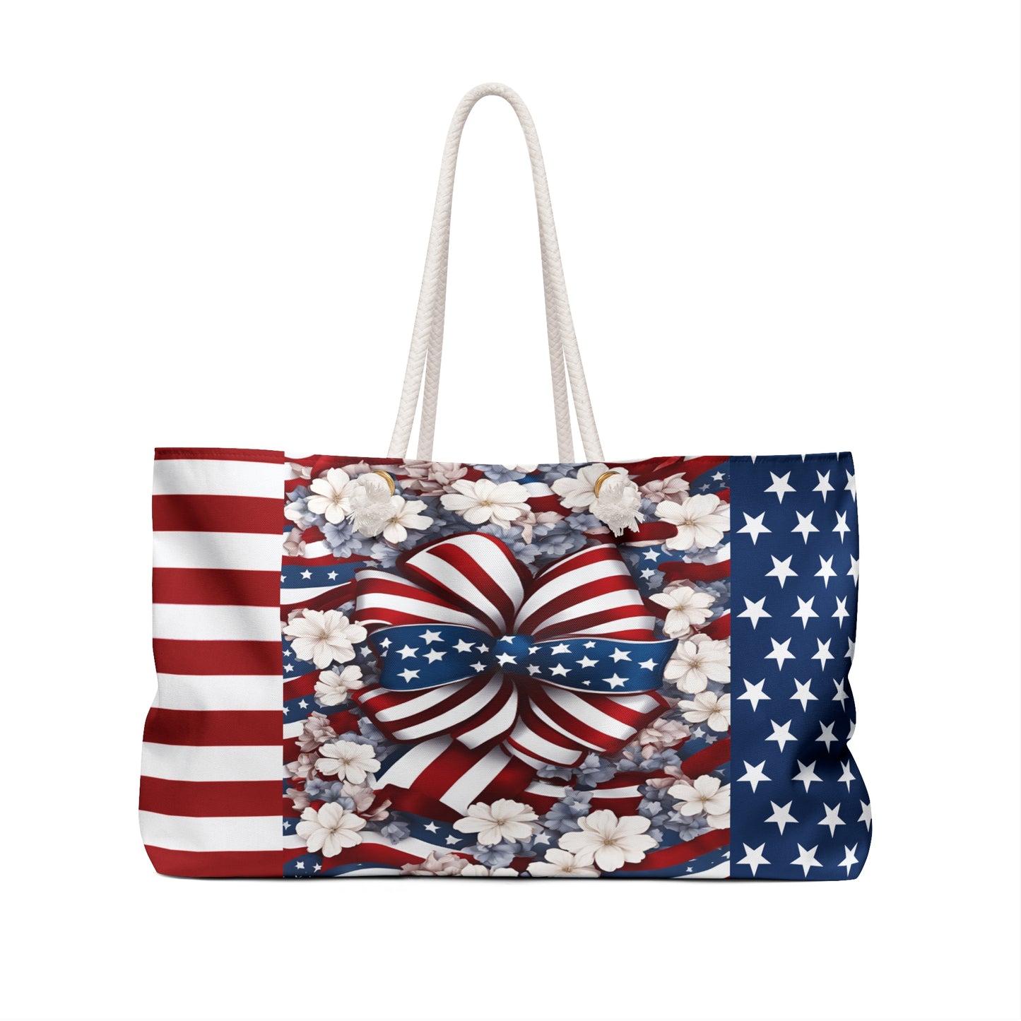 Patriotic Tote Roomy Oversized Bag with Star and Stripes Floral, Bow Patterns in Classic Red, White, and Blue Colors, USA Weekend Bag Design - Printspirationz