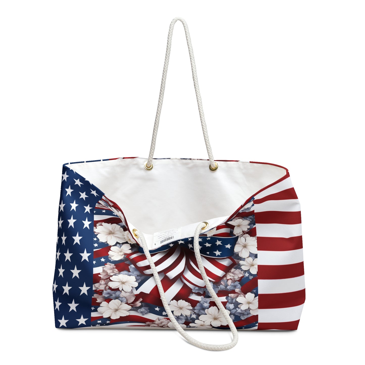 Patriotic Tote Roomy Oversized Bag with Star and Stripes Floral, Bow Patterns in Classic Red, White, and Blue Colors, USA Weekend Bag Design - Printspirationz