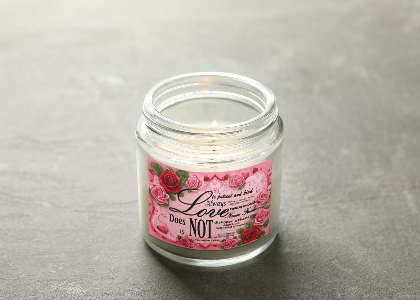 Soy Candle, 'Love is', Bible Verse 1 Corinthians 13:4-8, Hearts & Roses Design, Valentine's Gift, Home Decor, Religious Aromatherapy Candle - Printspirationz