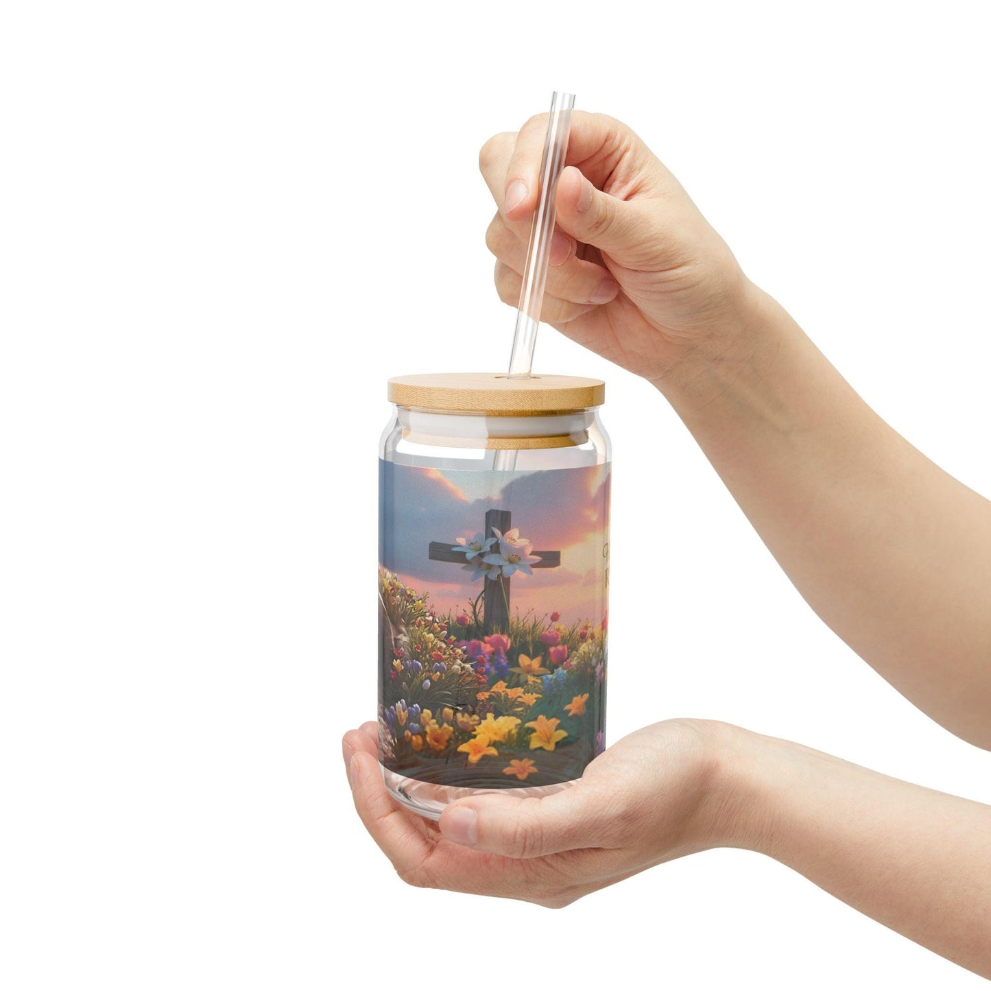 Floral Sipper Glass, 16oz, Easter Mural Inspirational Drinkware, Spring Gift, Eco-Friendly Travel Cup, Home Decor - Printspirationz