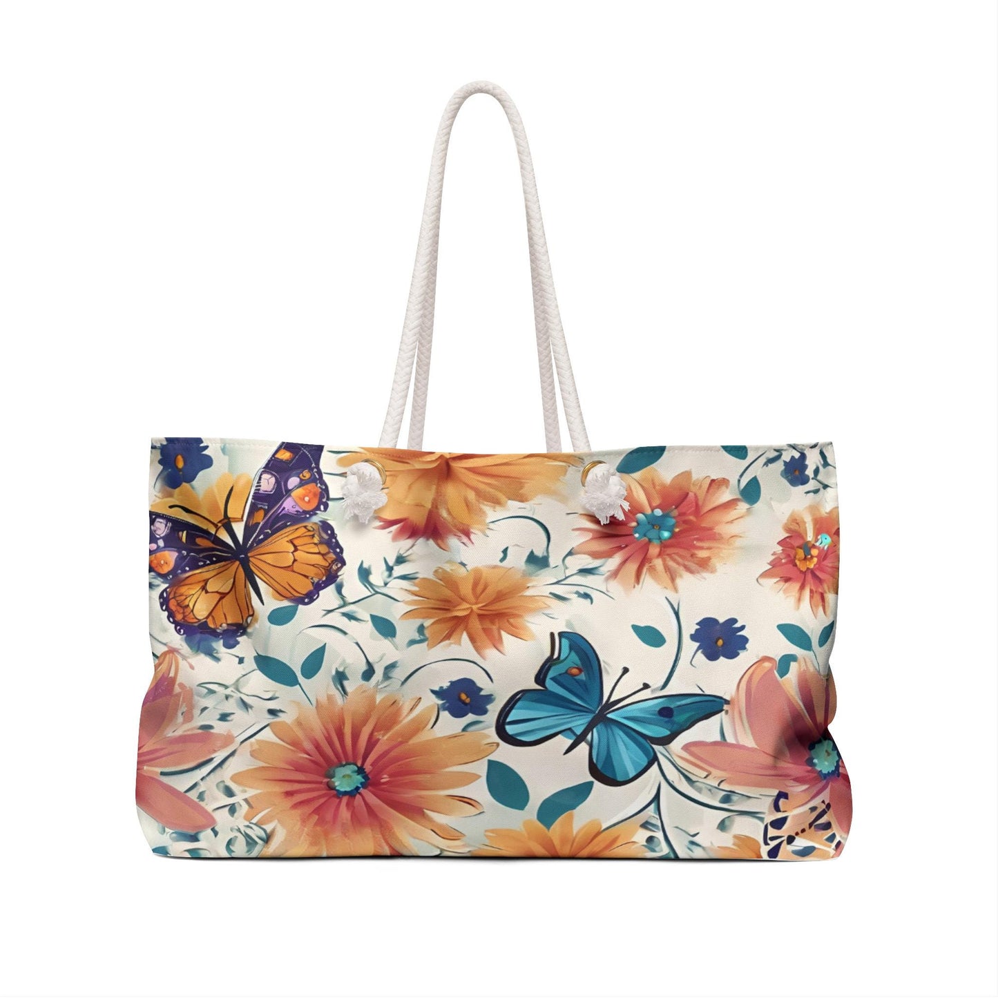 Weekender Bag, Colorful Flowers and Butterflies, Travel Tote Bag, Floral Print, Women's Overnight Bag, Beach Bag ,Mother's Day, Gift for Mom - Printspirationz