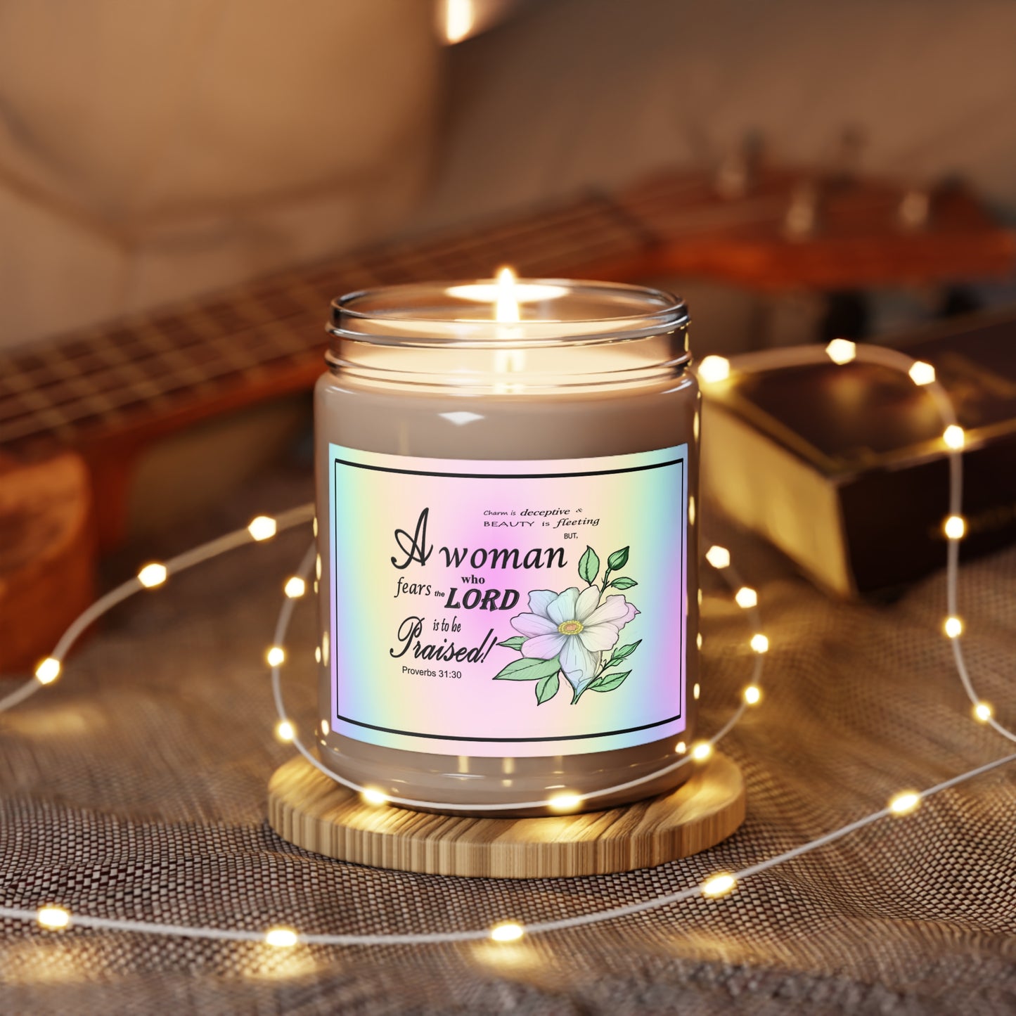 Aromatherapy Candles with Colorful Proverbs 31:30 Design - Vibrant Rainbow Label - Assorted Scents - Printspirationz