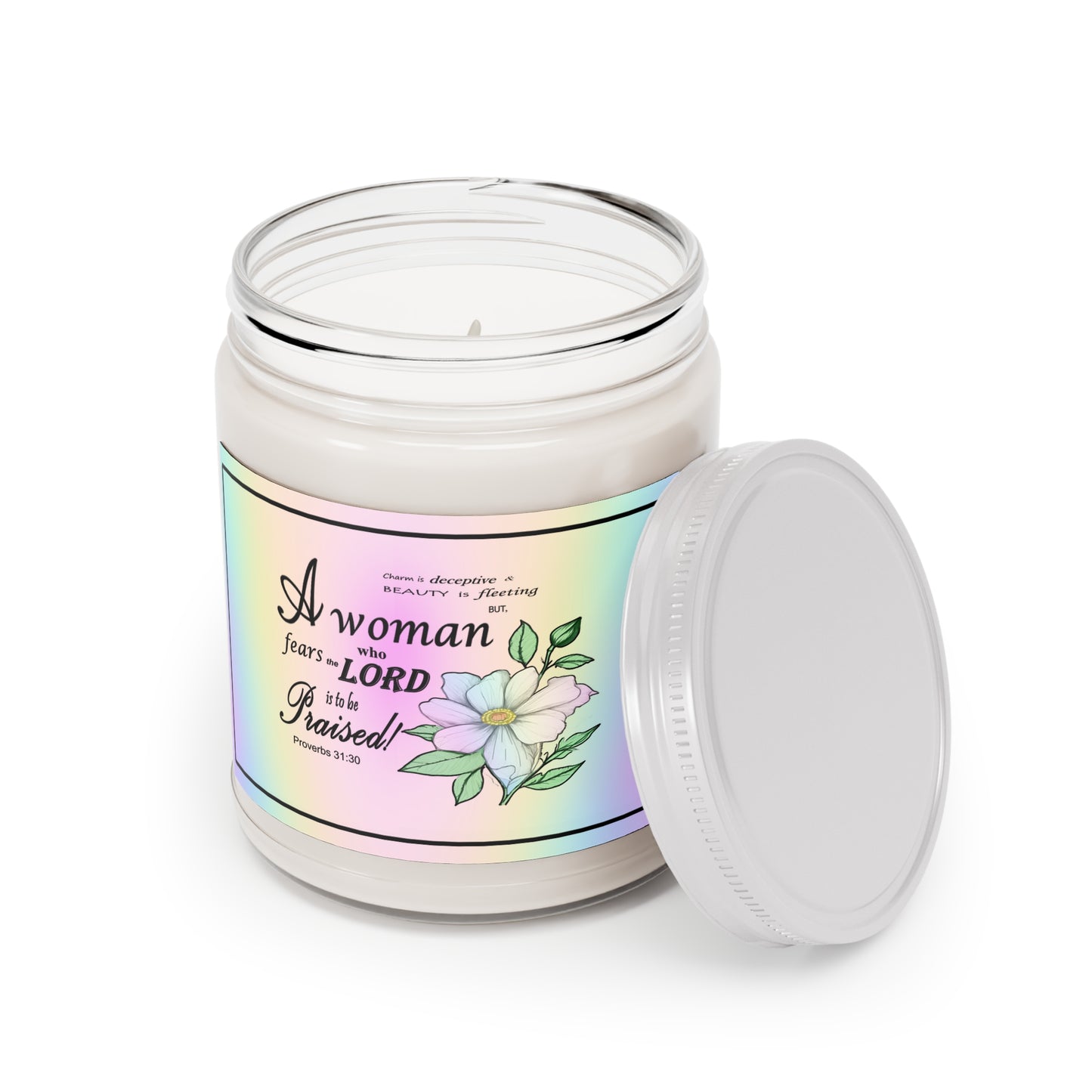 Aromatherapy Candles with Colorful Proverbs 31:30 Design - Vibrant Rainbow Label - Assorted Scents - Printspirationz