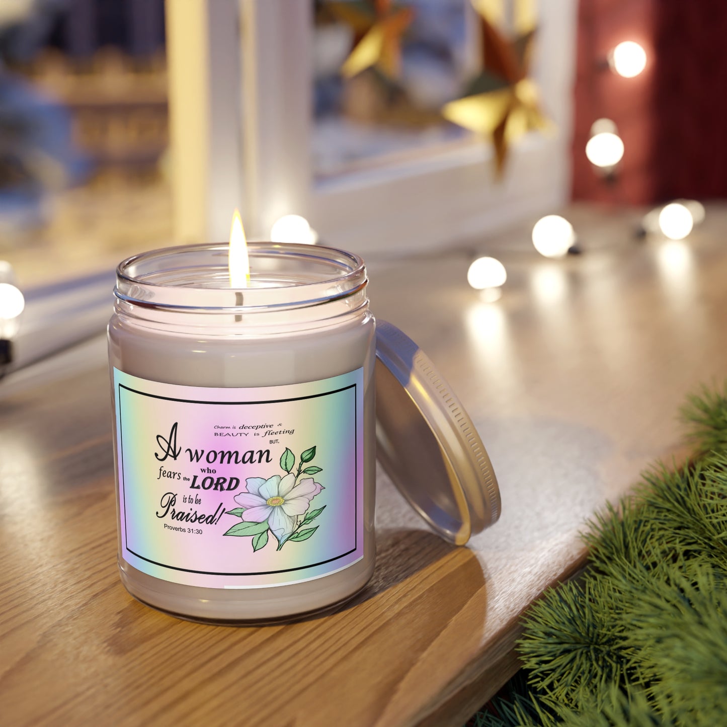 Aromatherapy Candles with Colorful Proverbs 31:30 Design - Vibrant Rainbow Label - Assorted Scents - Printspirationz