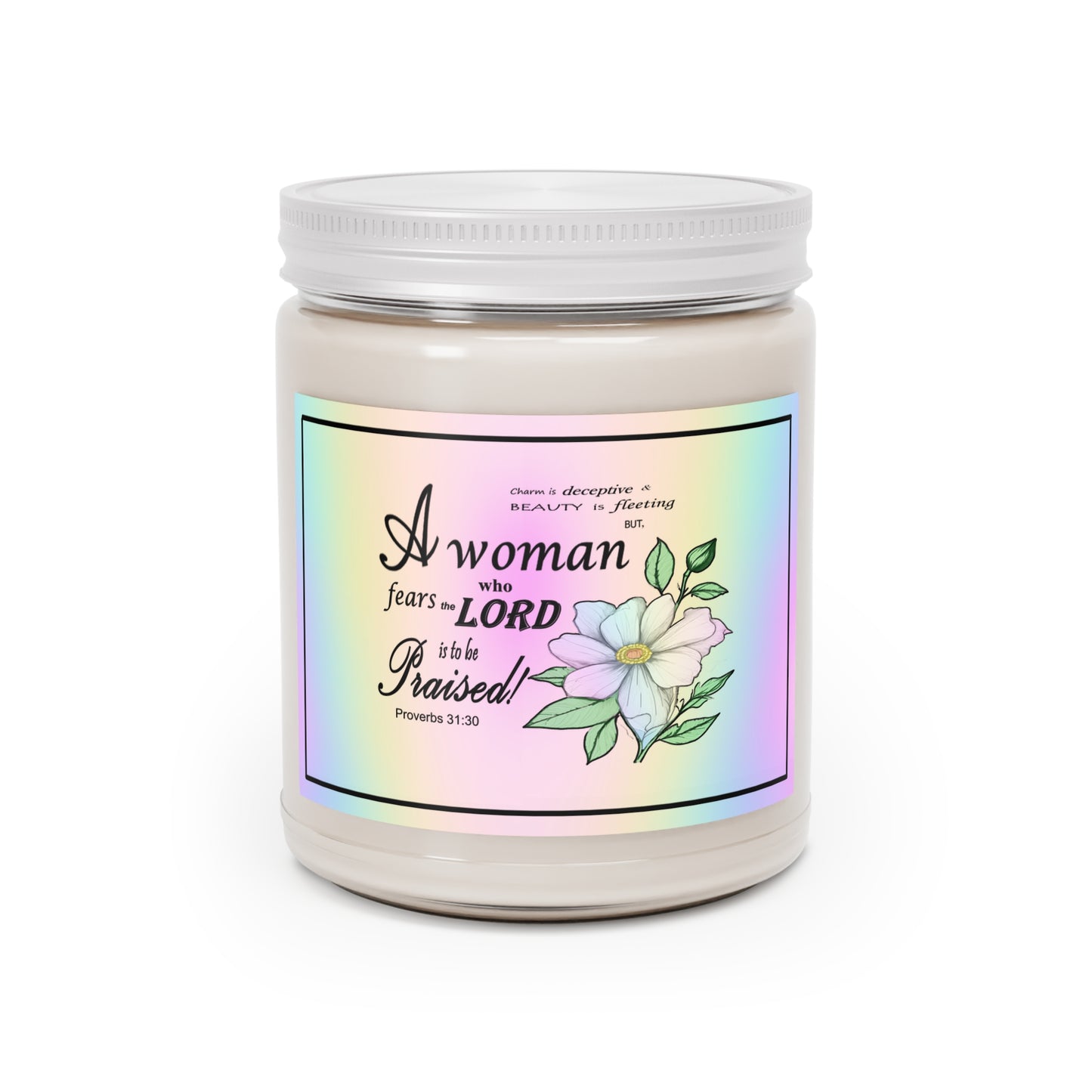 Aromatherapy Candles with Colorful Proverbs 31:30 Design - Vibrant Rainbow Label - Assorted Scents - Printspirationz