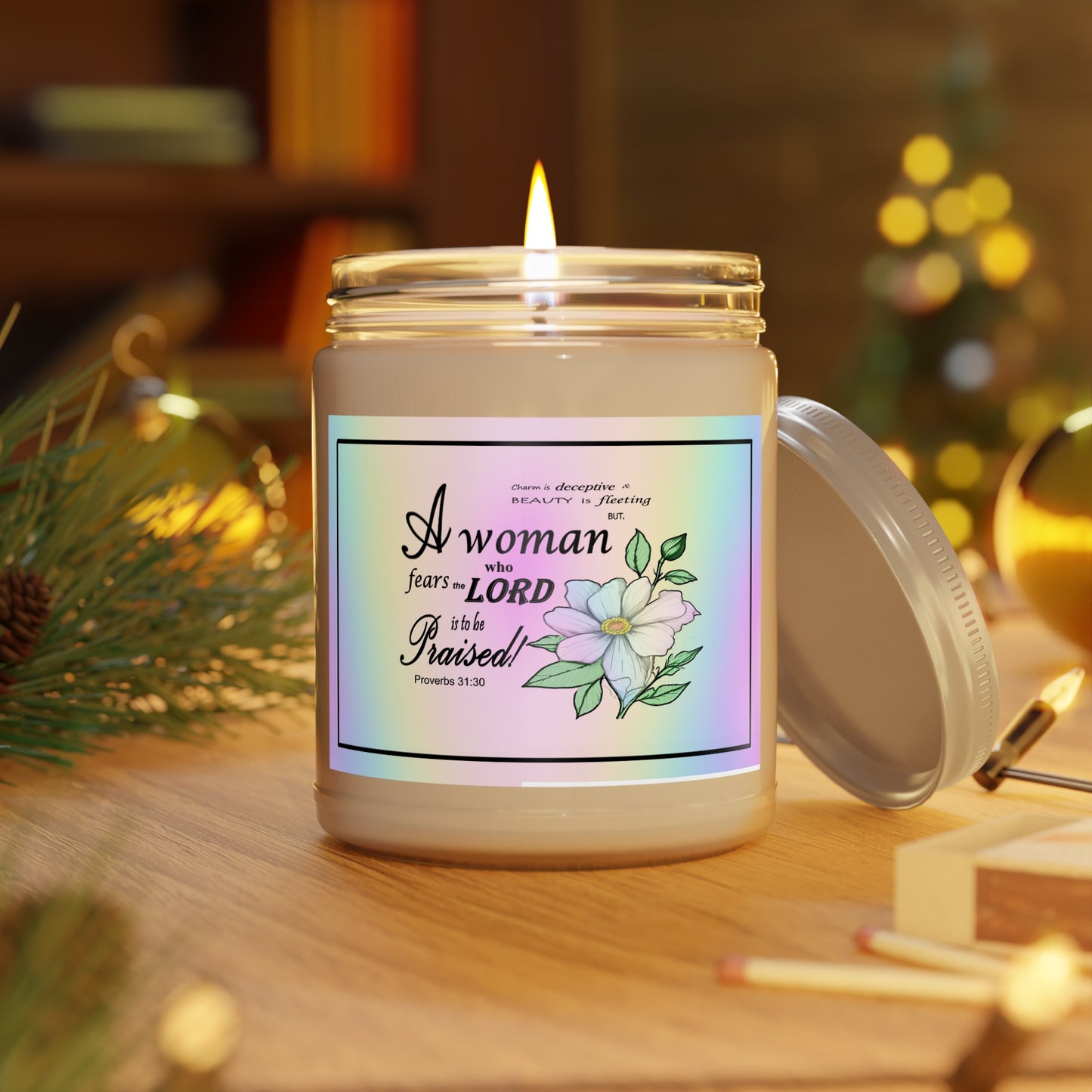 Aromatherapy Candles with Colorful Proverbs 31:30 Design - Vibrant Rainbow Label - Assorted Scents - Printspirationz