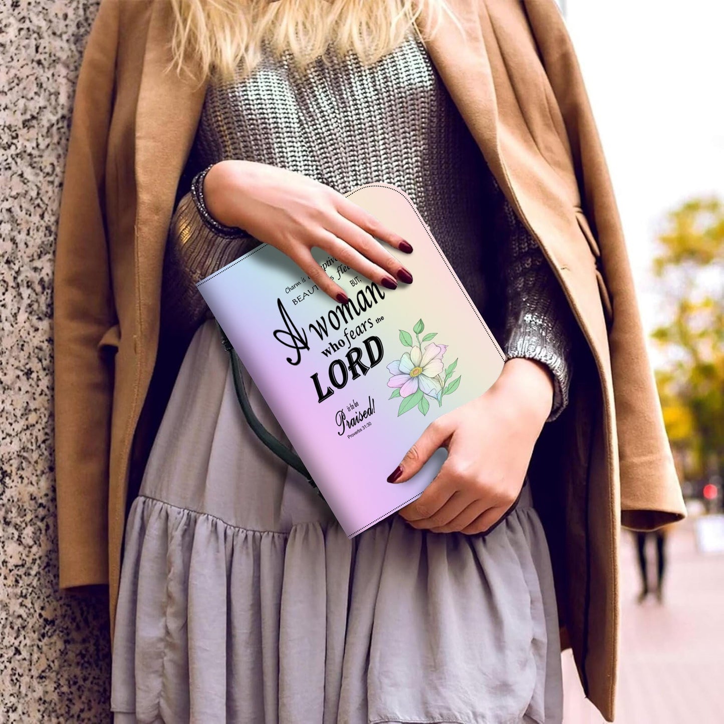 Pastel Rainbow, Floral Bible Cover, Proverbs 31:30 Scripture Quote, Religious Gift for Women, Church Accessory, Faith-Based Journal Cover - Printspirationz