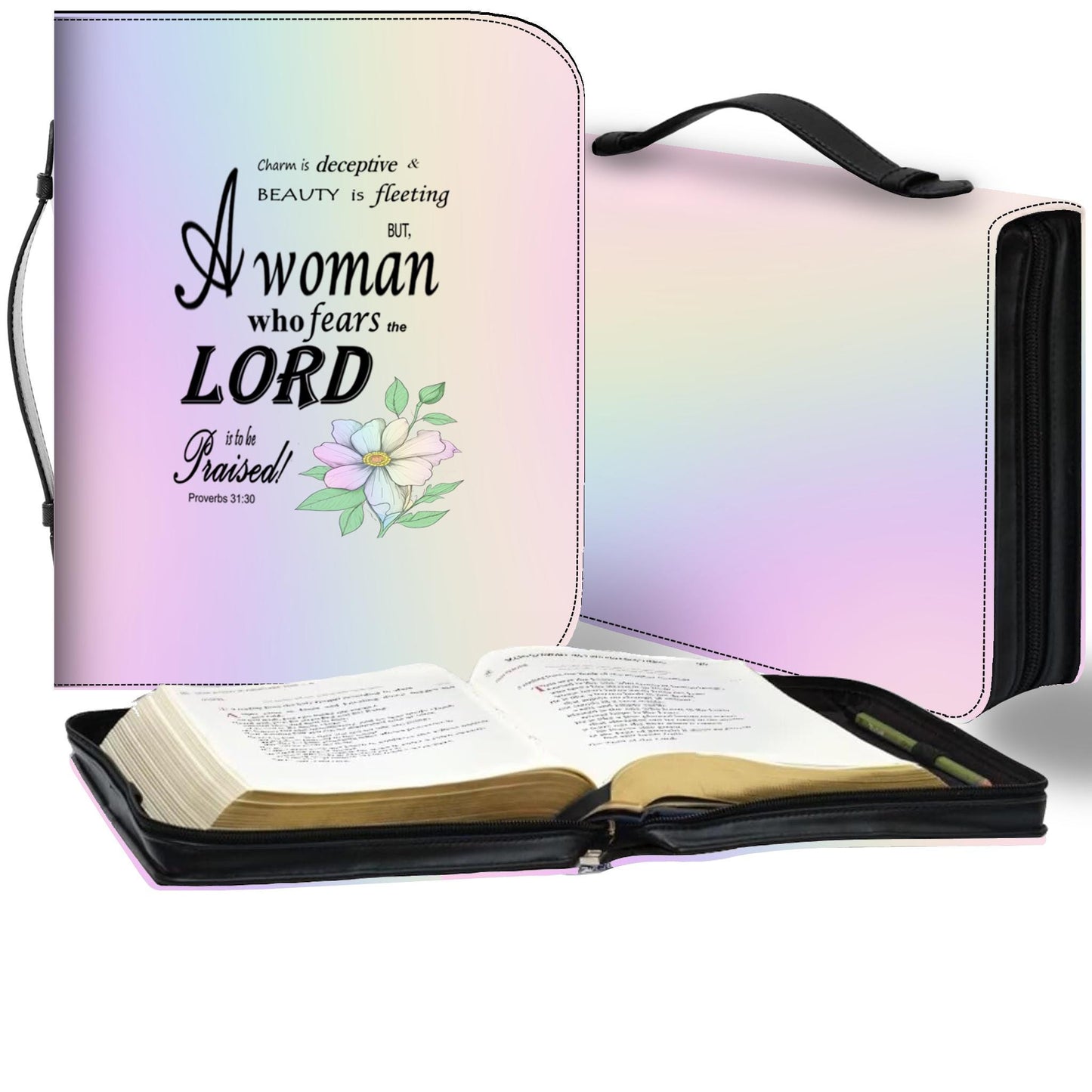 Pastel Rainbow, Floral Bible Cover, Proverbs 31:30 Scripture Quote, Religious Gift for Women, Church Accessory, Faith-Based Journal Cover - Printspirationz