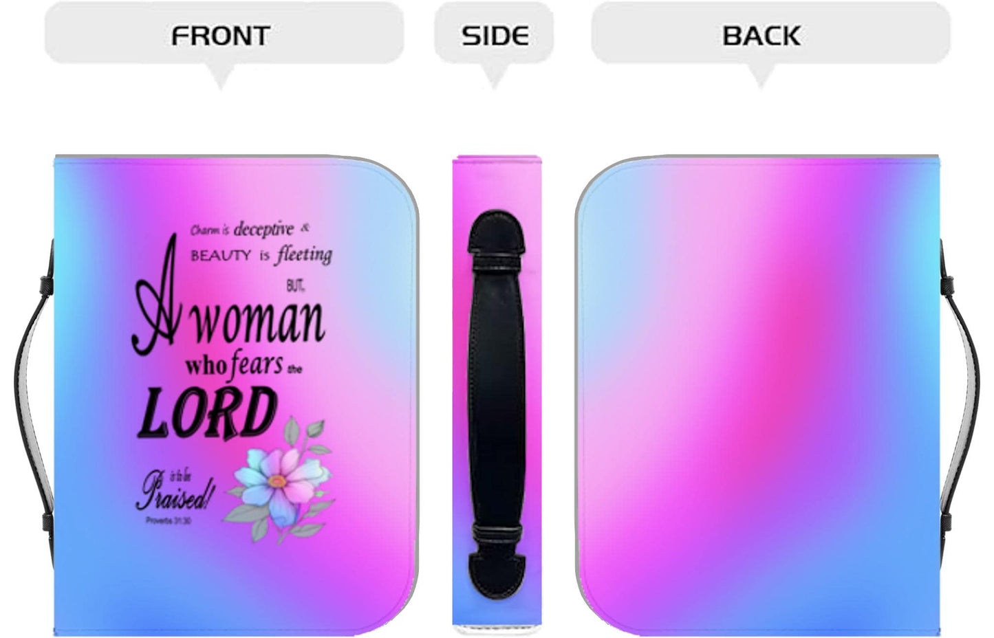 Pink, Blue, & Purple, Floral Bible Cover, Proverbs 31:30 Scripture Quote, Religious Gift Women, Church Accessory, Faith-Based Journal Cover - Printspirationz