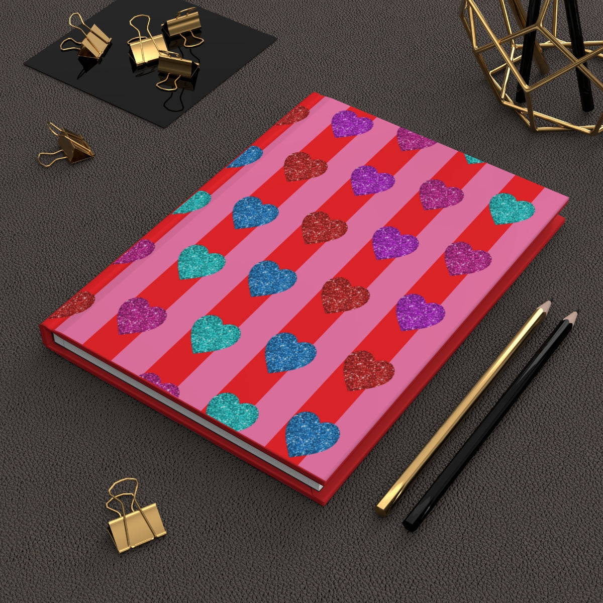 Heart Patterned Journal, Love Notebook, Romantic Diary, Valentine's Day Gift, Pink Red Striped Planner - Printspirationz