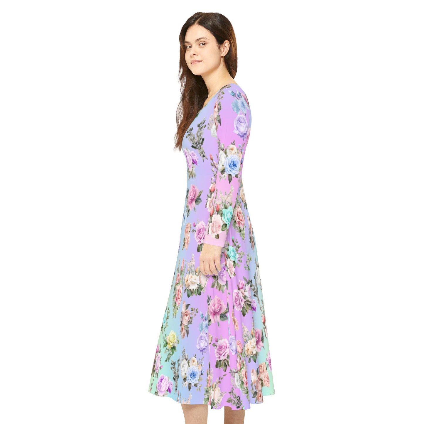 Women's Dance Dress, Pastel Rainbow Floral Design for Spring, Easter, or Mother's Day, Long Sleeve Costume Outfit Apparel, Cute Flowy Boho - Printspirationz