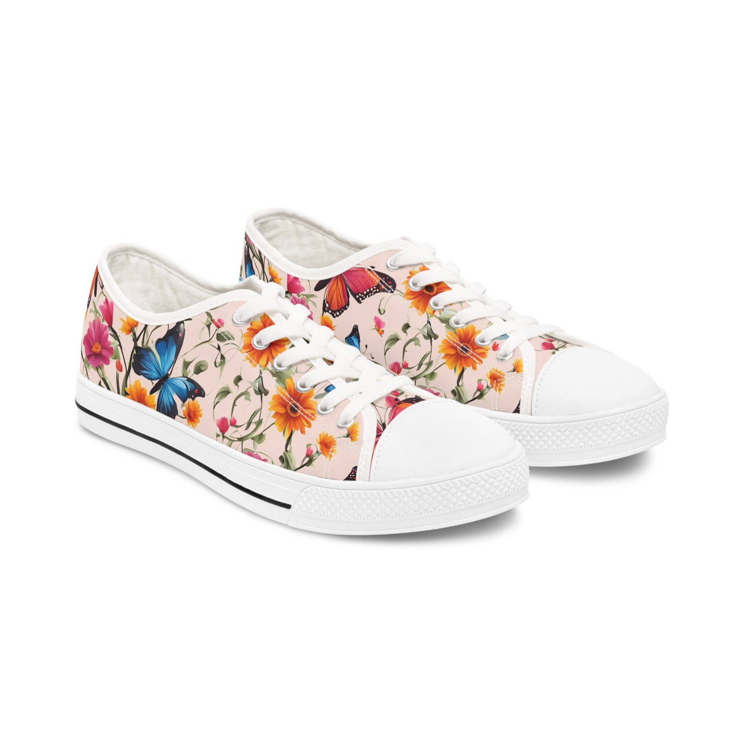 Womens Low Top Sneakers with Floral Butterfly Design, Casual Lace Up Canvas Shoes for Spring and Summer Outfits - Printspirationz