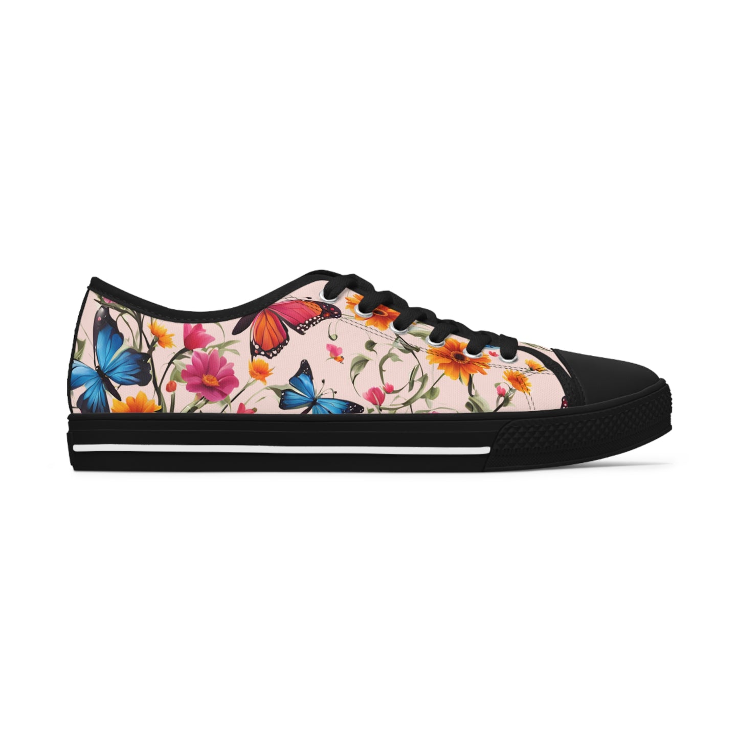Womens Low Top Sneakers with Floral Butterfly Design, Casual Lace Up Canvas Shoes for Spring and Summer Outfits - Printspirationz
