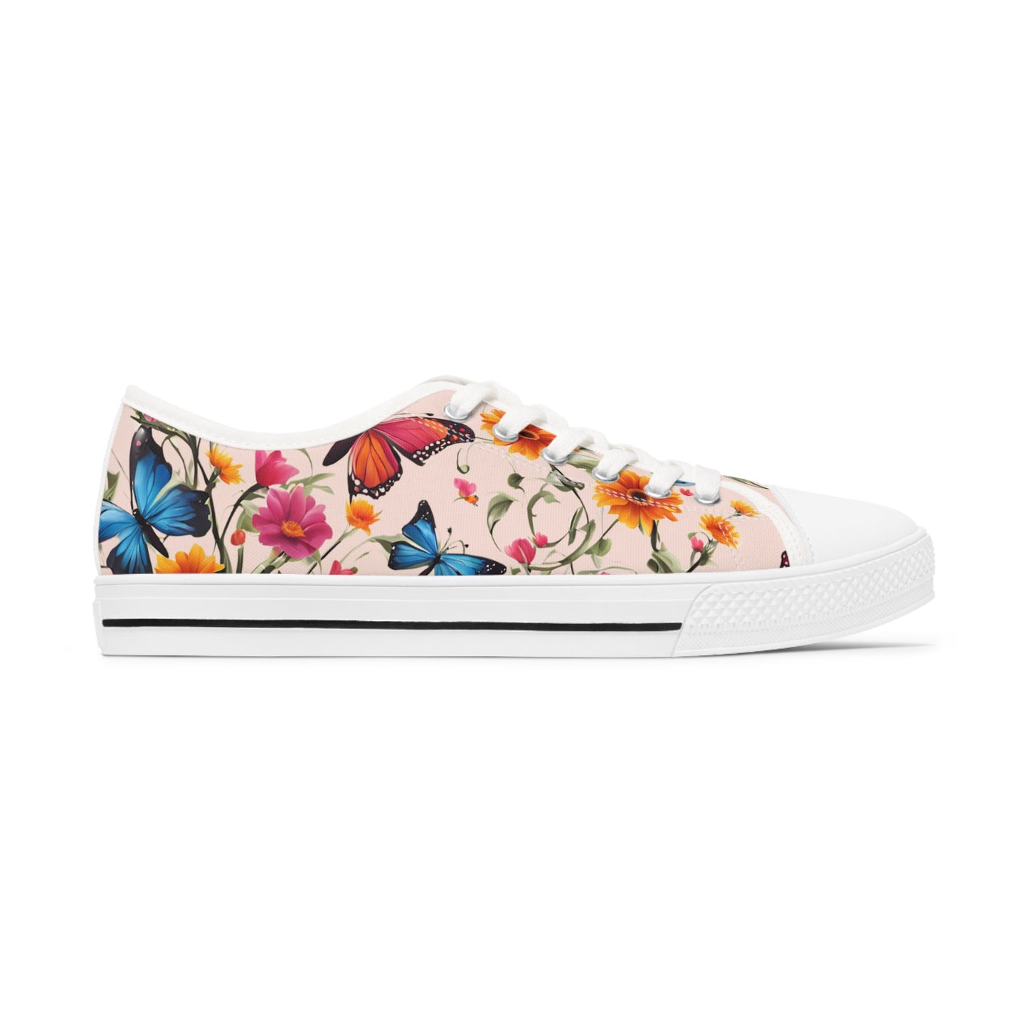 Womens Low Top Sneakers with Floral Butterfly Design, Casual Lace Up Canvas Shoes for Spring and Summer Outfits - Printspirationz