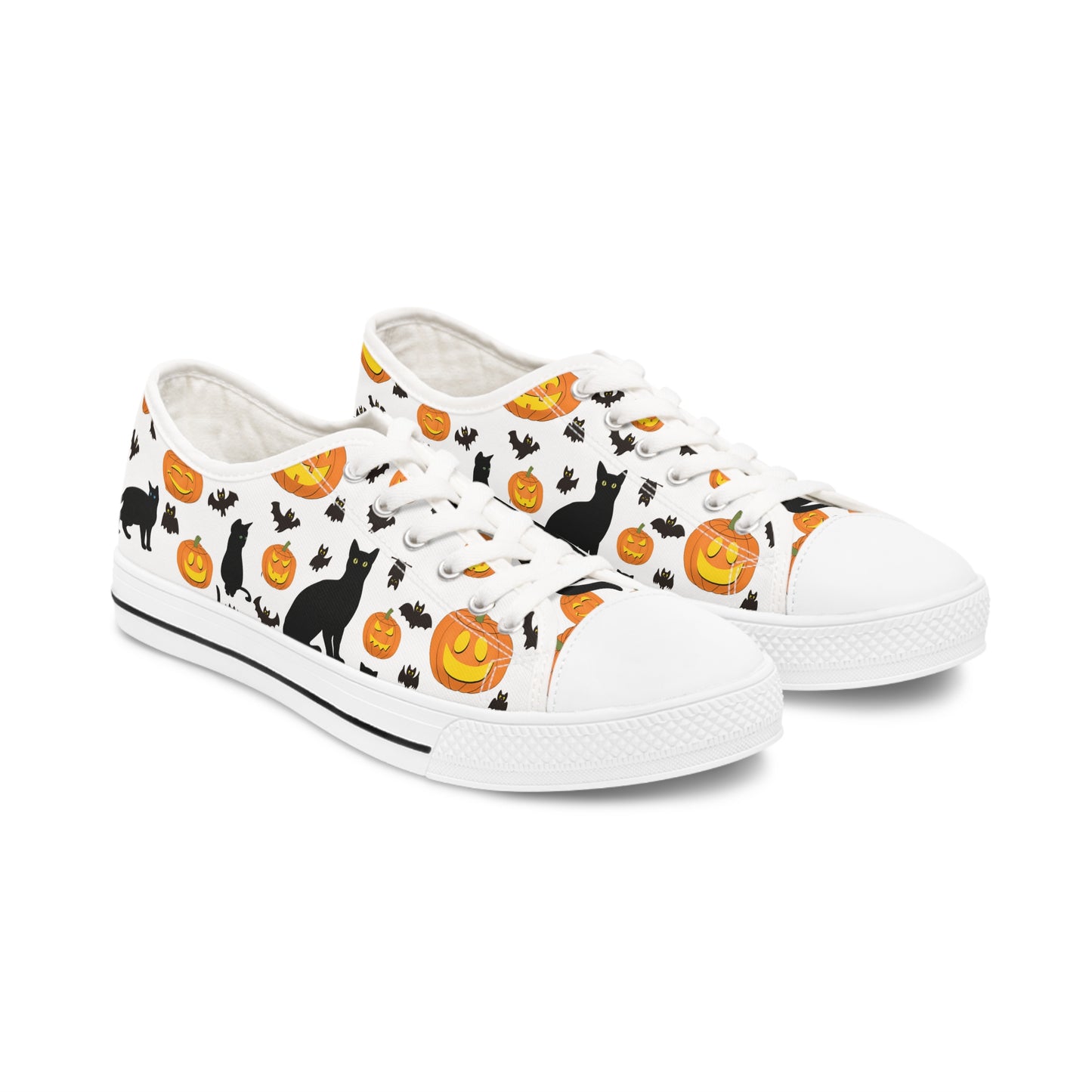 Womens Low Top Sneakers with Pumpkins Bats and Black Kitty Cat Pattern, Casual Halloween Lace Up Canvas Shoes for Fall Outfits - Printspirationz