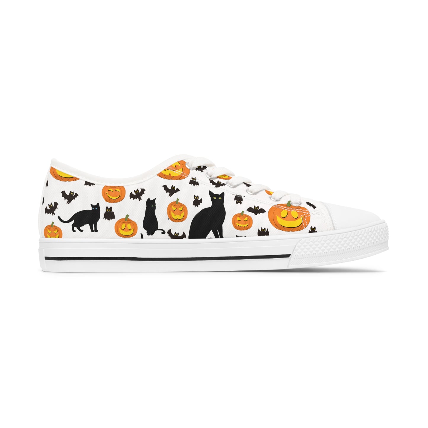 Womens Low Top Sneakers with Pumpkins Bats and Black Kitty Cat Pattern, Casual Halloween Lace Up Canvas Shoes for Fall Outfits - Printspirationz