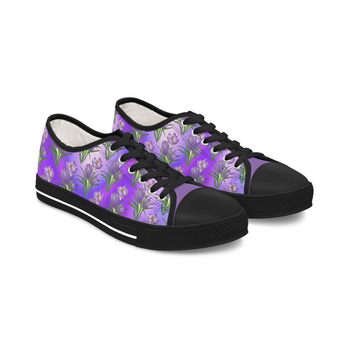 Womens Low Top Sneakers with Lavender Floral Pattern, Casual Lace Up Canvas Shoes for Spring and Summer Outfits - Printspirationz