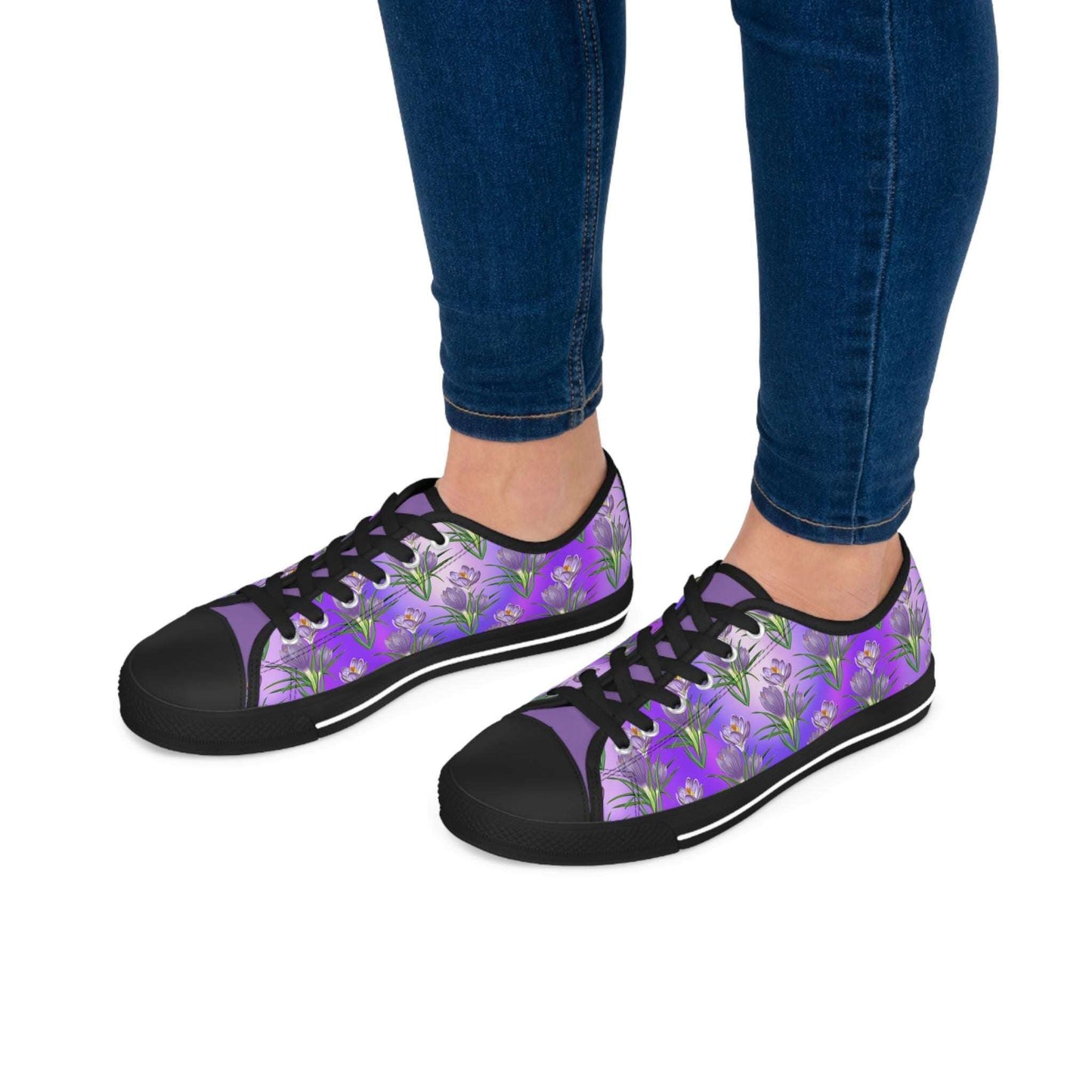 Womens Low Top Sneakers with Lavender Floral Pattern, Casual Lace Up Canvas Shoes for Spring and Summer Outfits