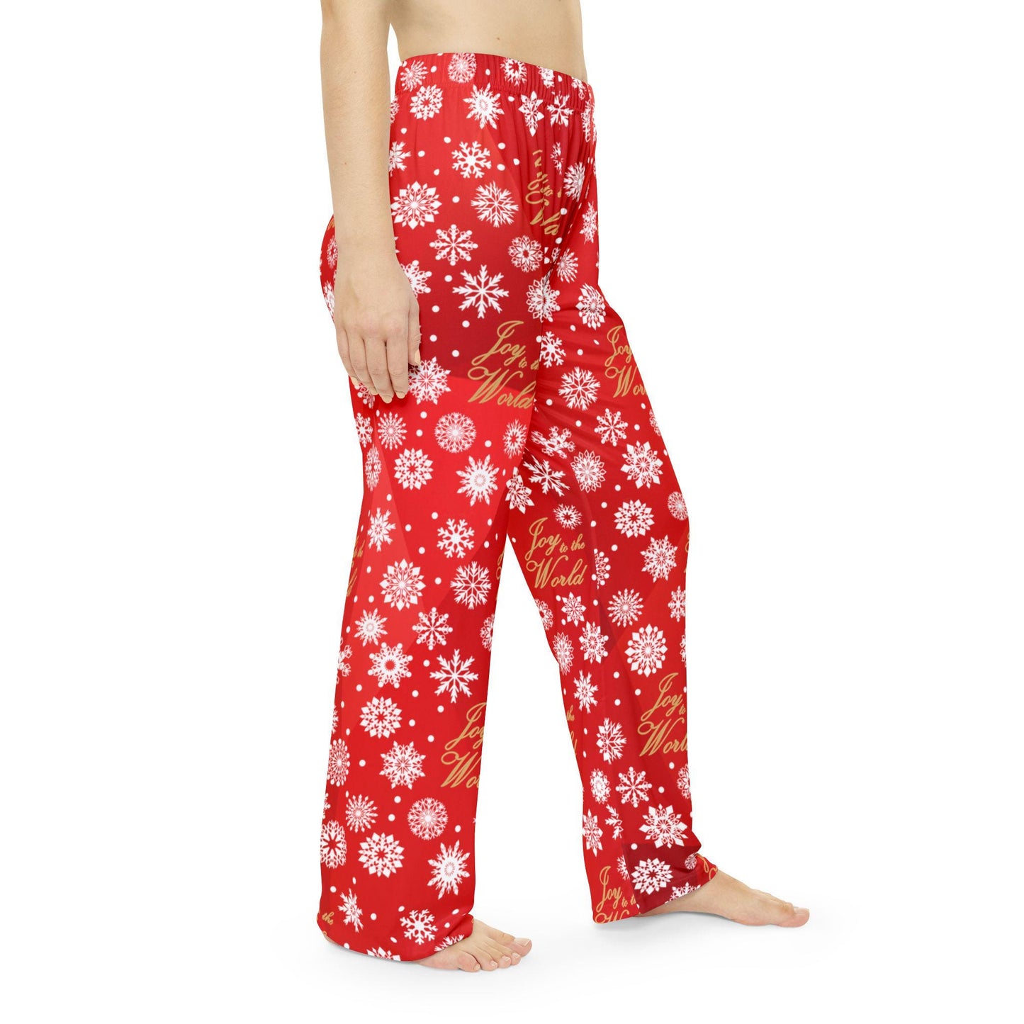 Red Joy to the World Women's Pajama Pants, Gold Elegant Lettering, Holiday Sleepwear, Christmas Lounge Pants, Red Snowflake PJ Bottoms - Printspirationz