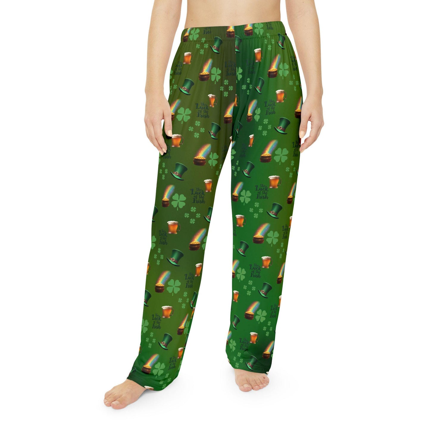 Women's Pajama Pants, St. Patrick's Day Shamrock Pattern, Green Lucky Clovers, Irish Holiday Sleepwear, Lounge Bottoms, Comfy PJ Trousers - Printspirationz