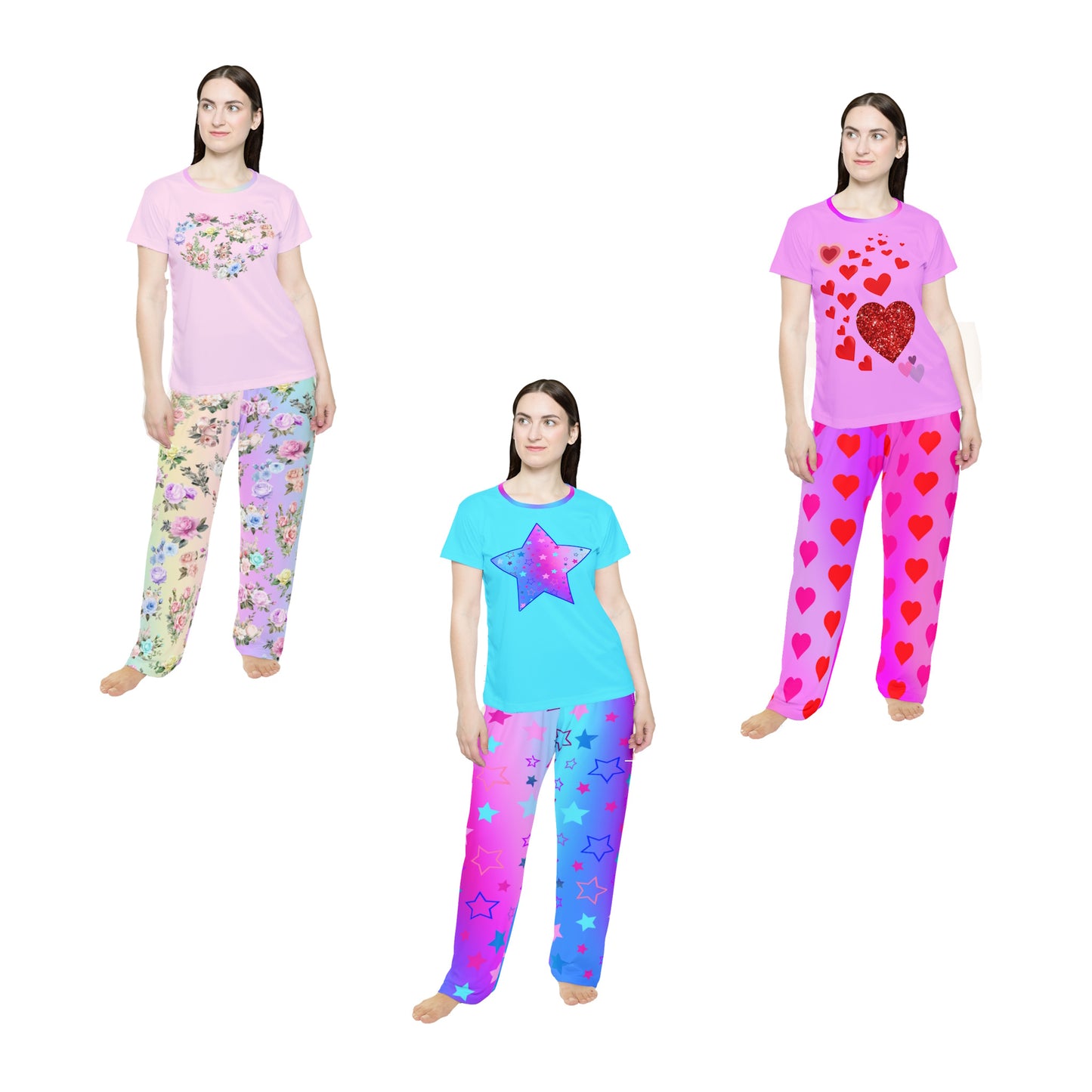 Pink Heart Print Women's Pajama Pants, Valentine's Day Lounge Sleepwear, Red Hearts on Pink Gradient, Cute PJ Bottoms, Cozy Nightwear - Printspirationz