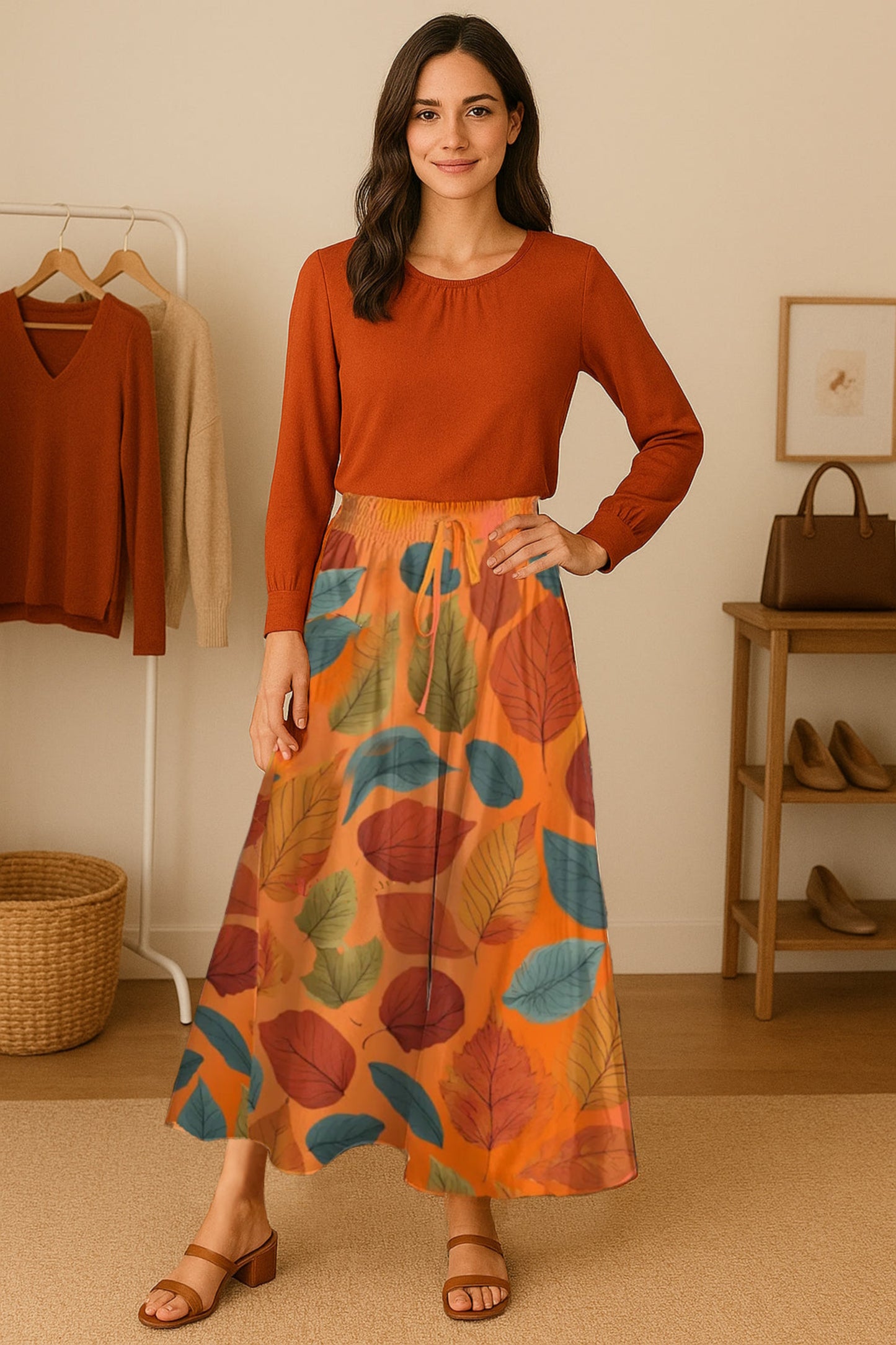 Woman wearing a rust-colored top and a colorful leaf-patterned skirt in a room with a rack of clothes and shoes.