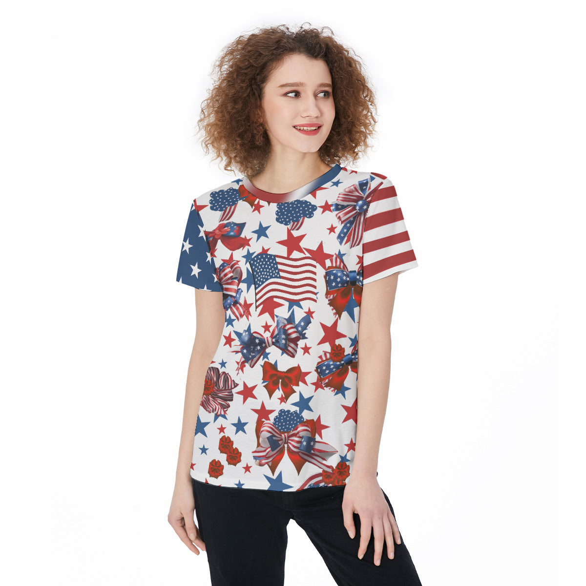American Patriotic Tee - USA Flag Inspired Round Neck T-Shirt For Women - Lightweight, Casual, Festive Independence Day Sports Jersey Gym Workout Top - Lightweight and Trendy! - Printspirationz