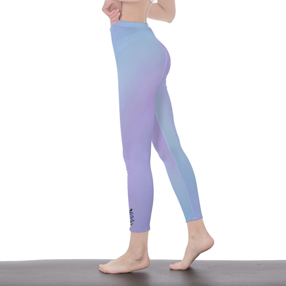 Pastel Blue and Lavender Gradient Stylish Ombre Floral Decal Casual Solid Leggings - Sporty Exercise Skinny Fit, Yoga Pants - Everyday Wear - Printspirationz